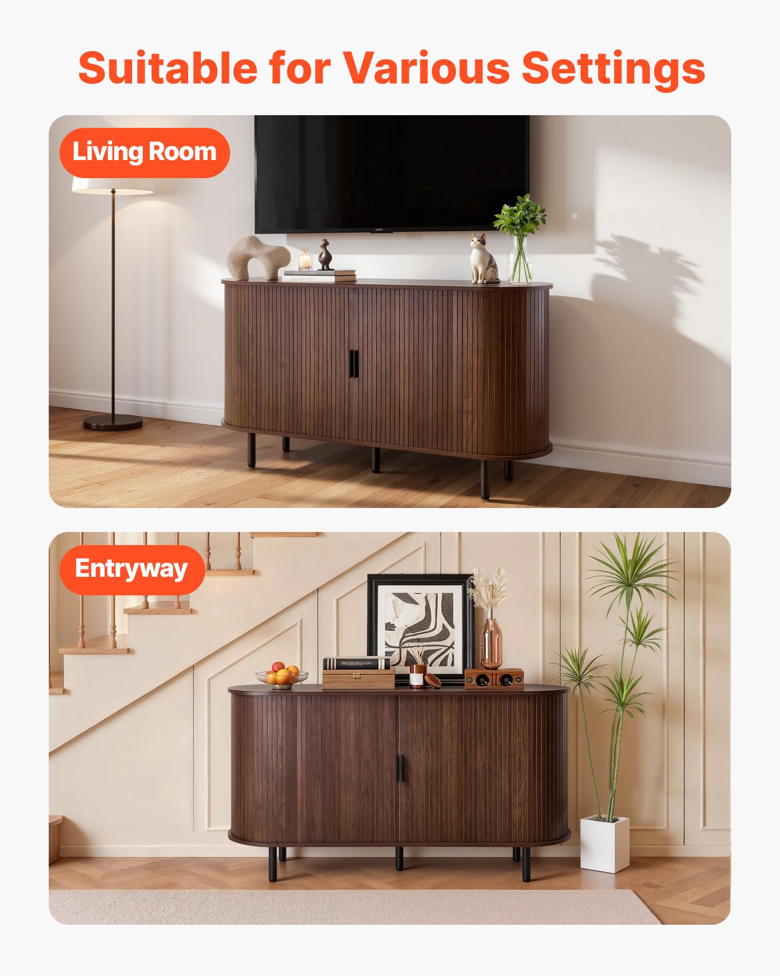 VEVOR Armadietto Organizzatore da Salotto con 2 Ante Scorrevoli, Credenza in Stile Medievale per Soggiorno, Ingresso, Mobile Contenitore da 140 x 40 x 75 cm, Credenza da Cucina in Noce