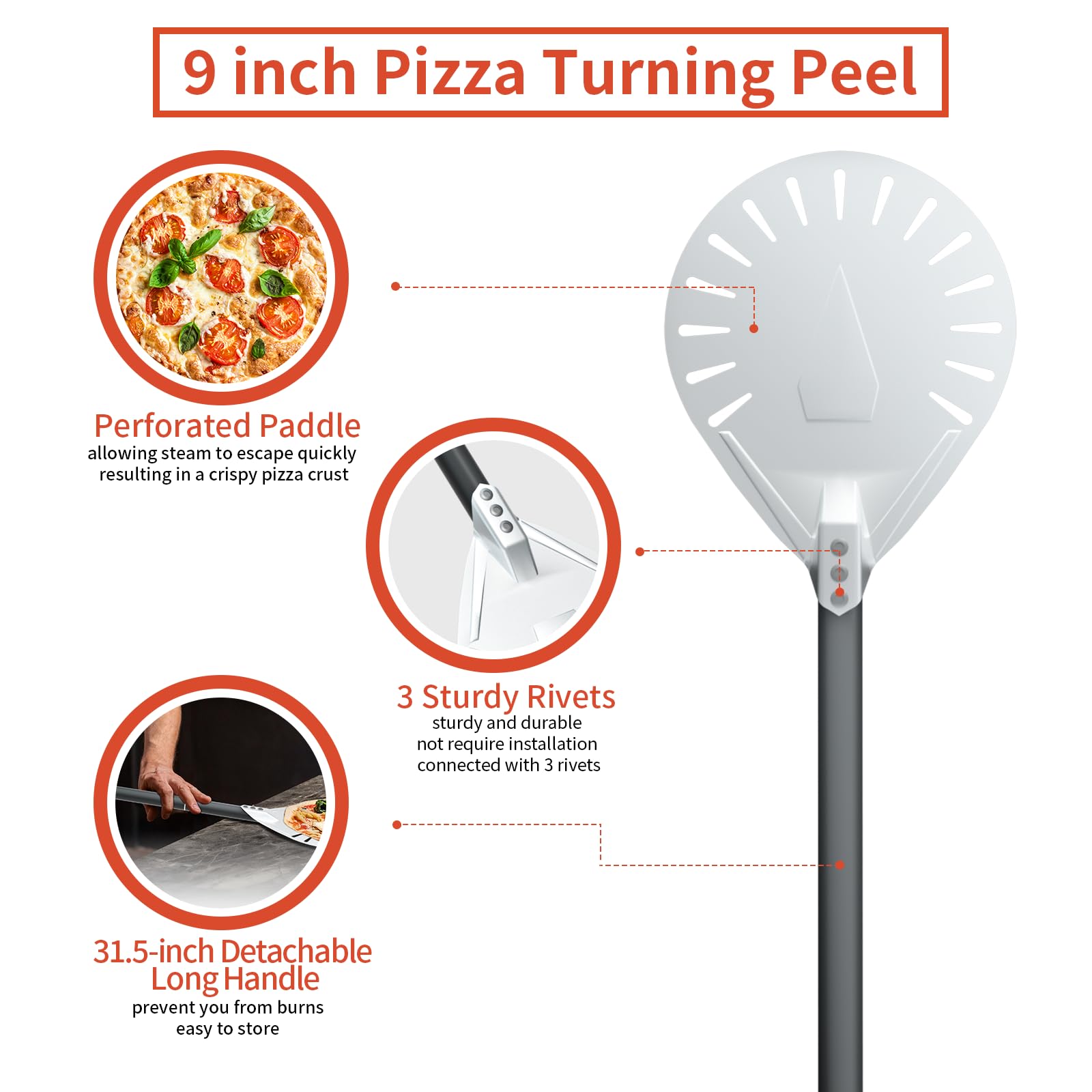 Lot de 4 accessoires de four à pizza perforés de 30,5 cm, pelle à pizza de 22,9 cm avec long manche antidérapant, pelle à pizza avec roulette à pizza et brosse de four, pour pain, tarte