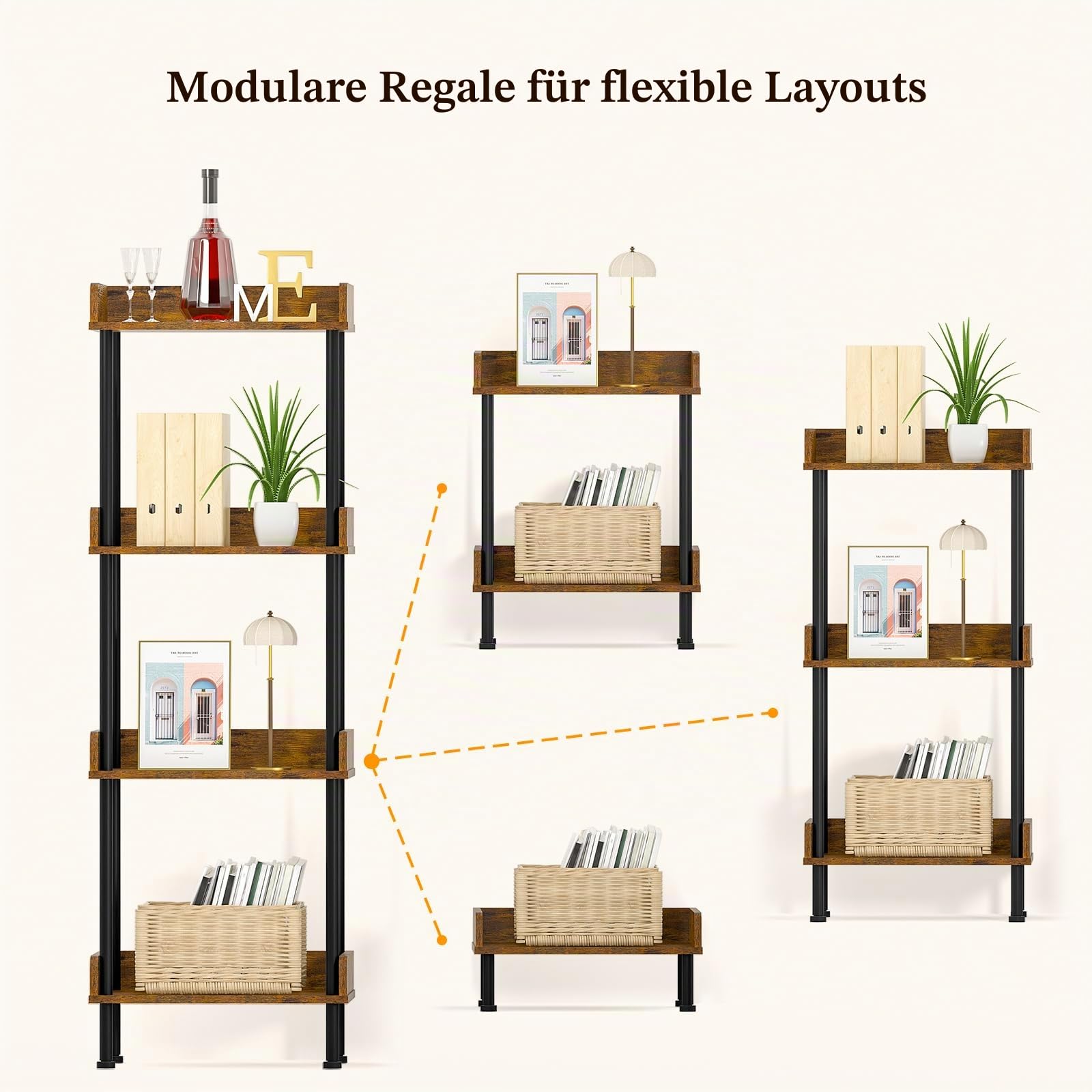 Suhu Bücherregal mit 3 Ebenen Küche Standregal Holzregale und Metallrahmen, Modernes Regal für Wohnzimmer Schlafzimmer Balkon Schwarz + Braun