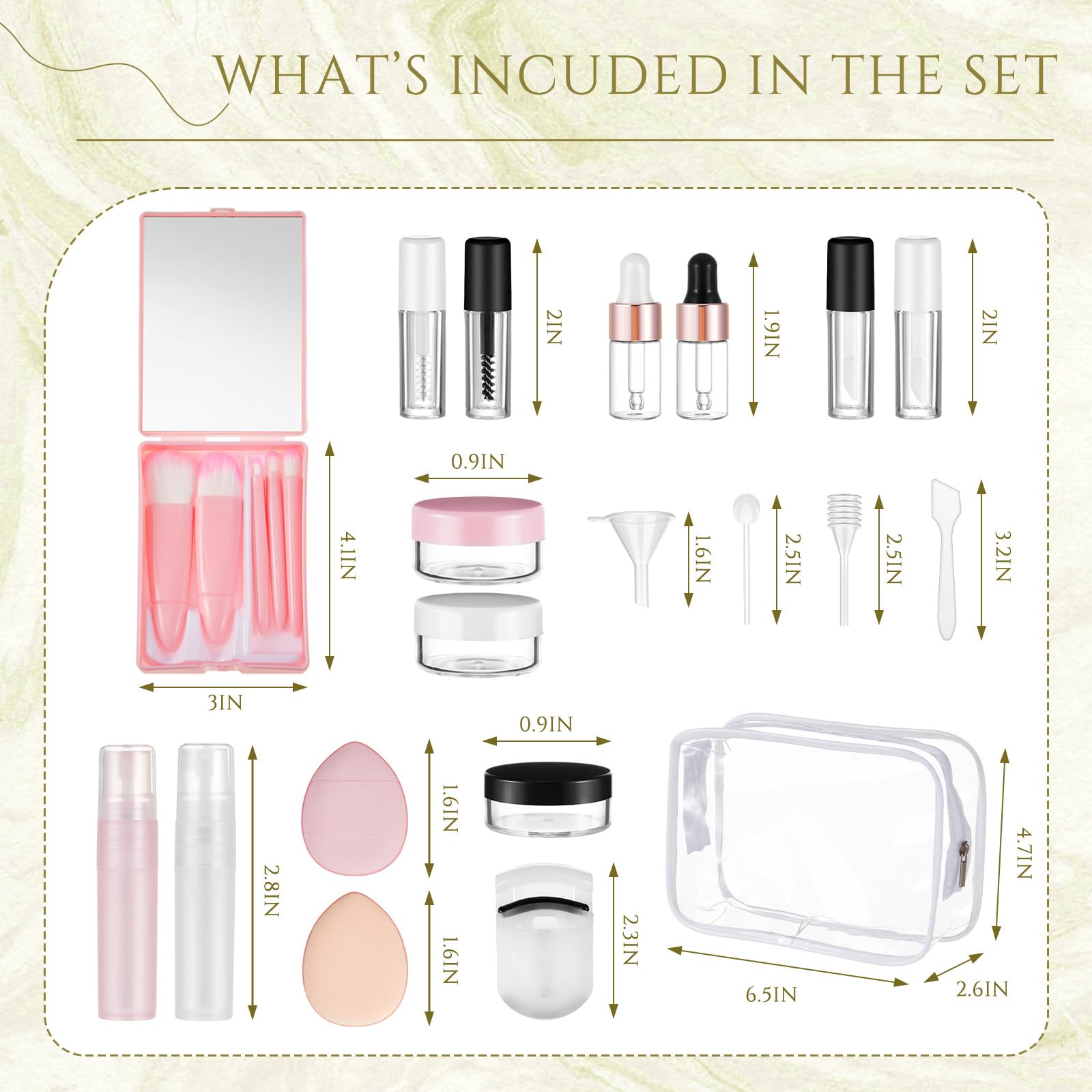 Maxdot Confezione da 20 contenitori da viaggio per il trucco, mini pennelli da trucco, kit di flaconi vuoti con spatole per le dita, a prova di perdite, accessori cosmetici ricaricabili per prodotti