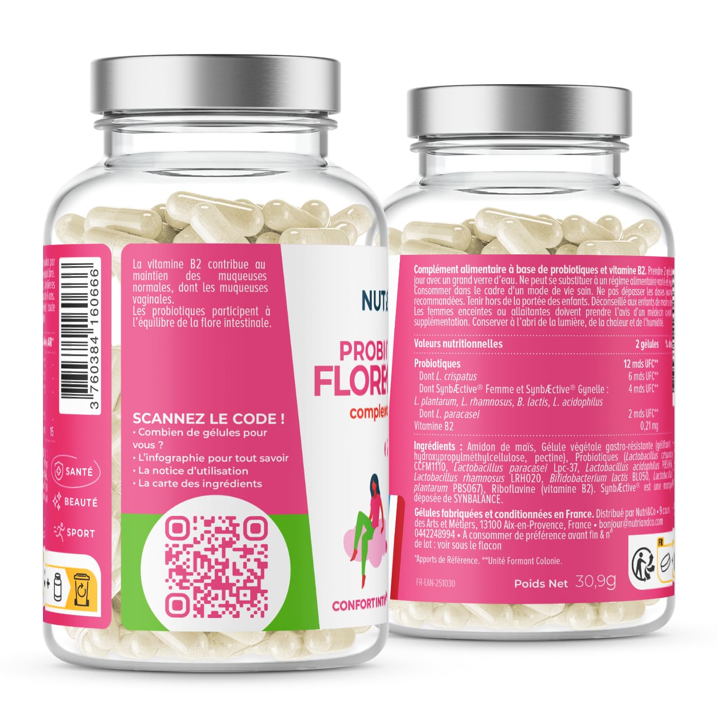 NUTRI & CO Probiotique Flore Intime - 6 Souches dont Lactobacillus Crispatus + 2 Complexes Brevetés SynbAEctive® - 60 Gélules Gastro-Résistantes - Conditionné en France