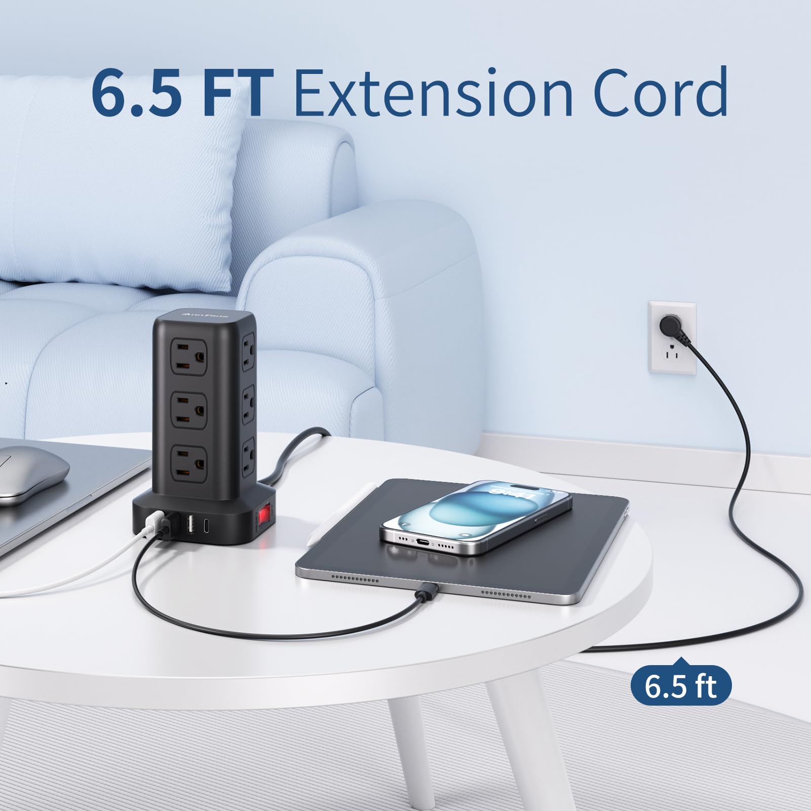 AnnTane - Banda di alimentazione con protezione da sovratensione da 1,8 m, torre di alimentazione multipresa con 4 porte USB (1 USB C), cavo di prolunga con 12 prese di corrente alternata,