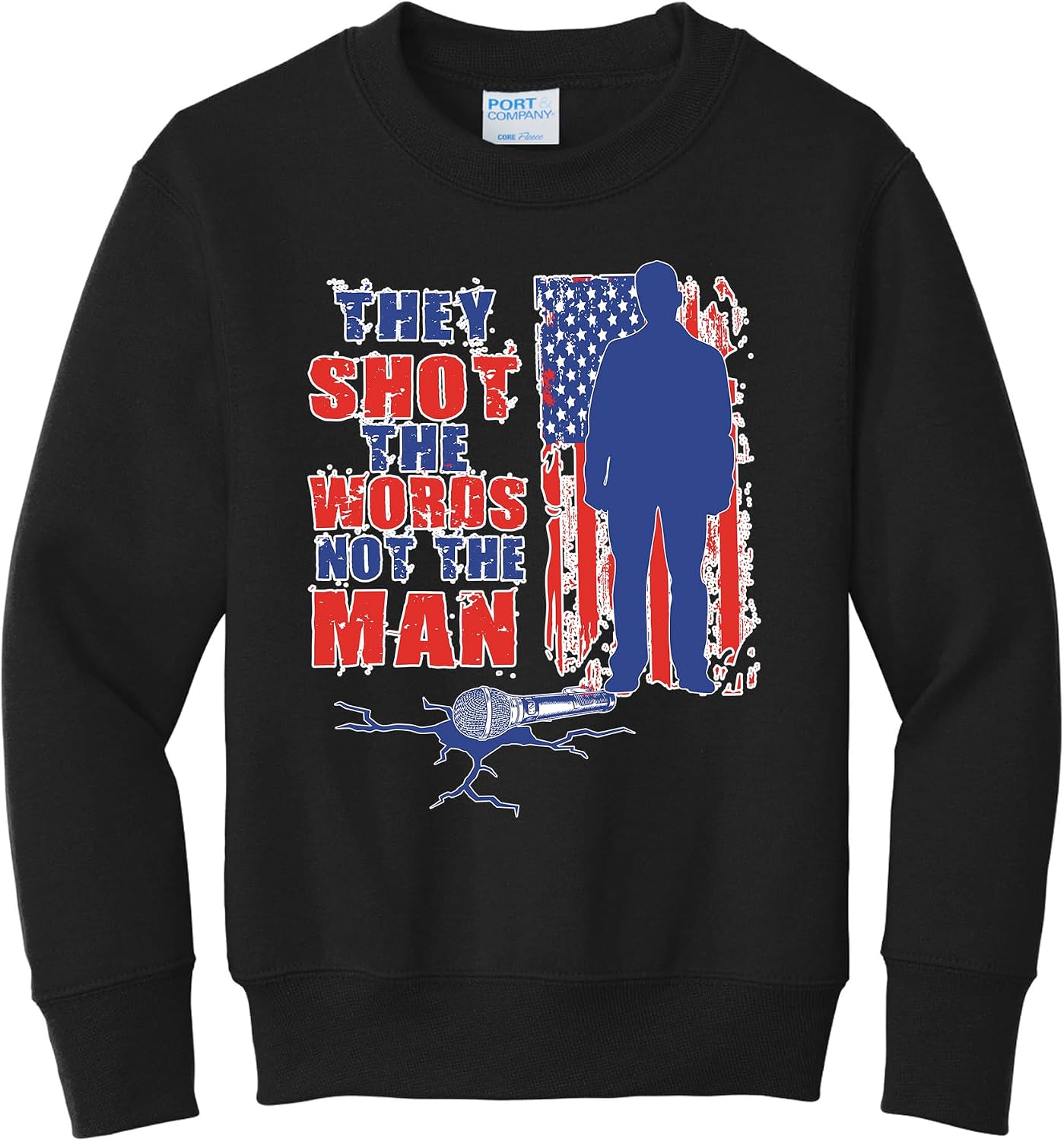 wild custom apparel Charlie Kirk They Shot The Words Not The Man USA Flag Kids Youth Sweater Crewneck Sweatshirt