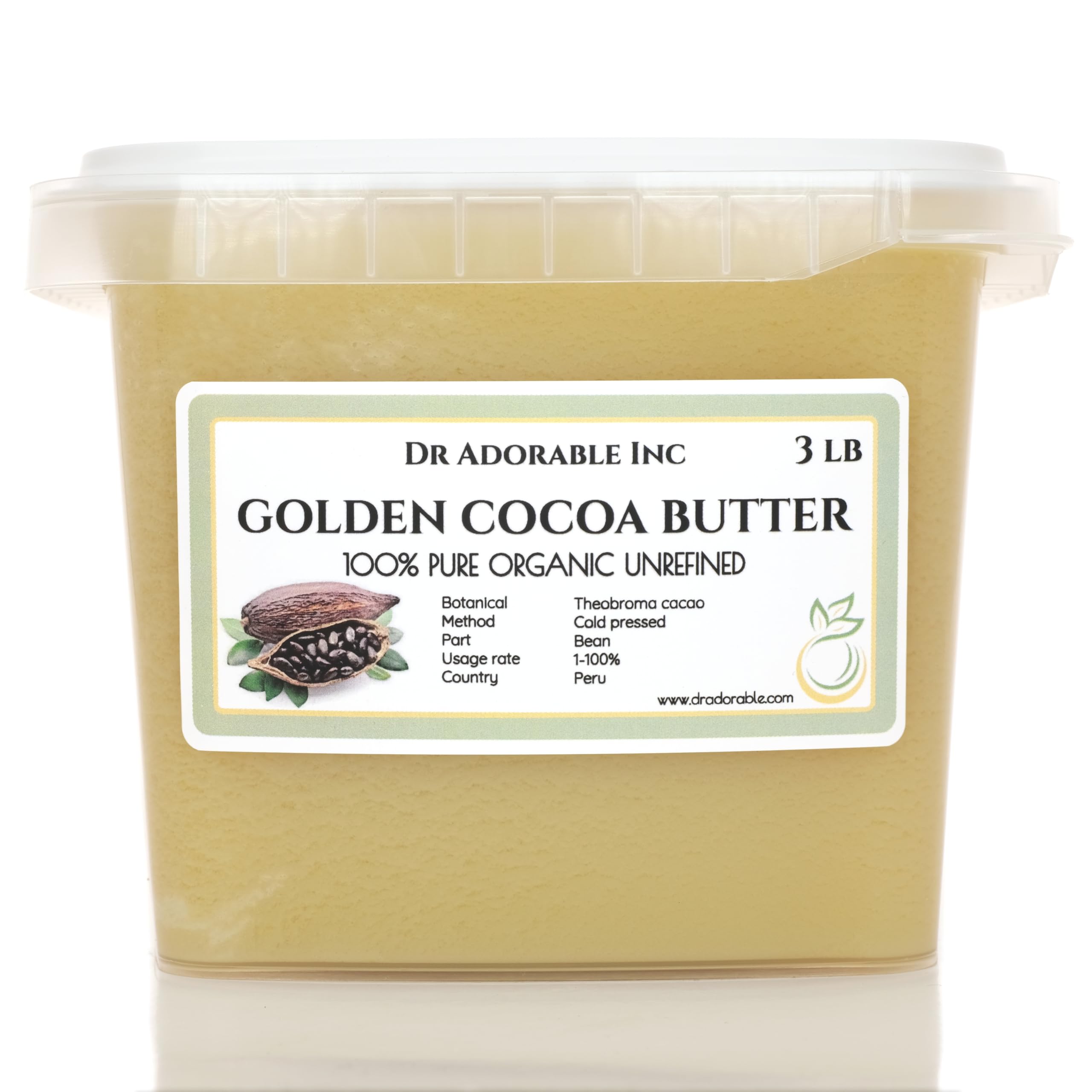 Dr Adorable - 3 lb - Golden Cocoa Butter - Unrefined Pure Natural Organic Raw Prime Pressed