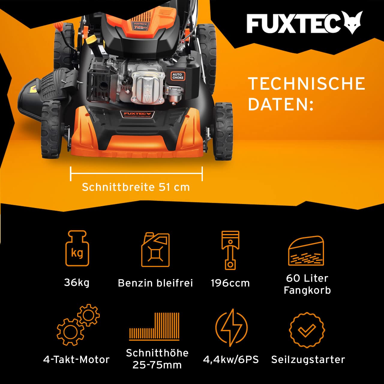 FUXTEC 4in1 Benzinrasenmäher FX-RM5196PRO mit Flexibler Antrieb, 51cm Schnittbreite, 4-Taktmotor, Frontstoßstange, kugelgelagerte Big Wheel Räder, 60L Grasfangkorb