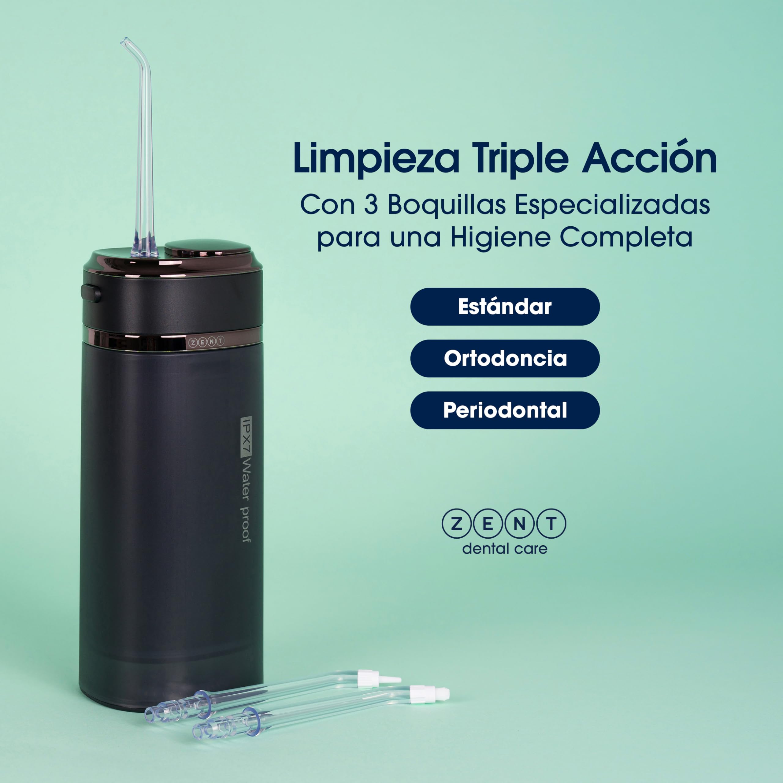 ZENT Stream+ Irrigador Bucal viaje con tecnología rotativa avanzada de 360° | Irrigador dental portatil, 3 Boquillas, Presión ajustable, Limpia quitar sarro dientes, Batería duradera, IPX7 Impermeable