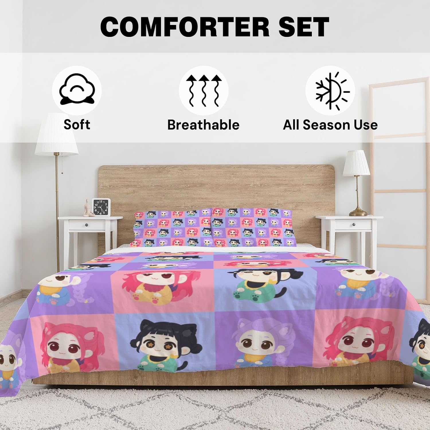 Allenjoy Cute Seamless Purple Korean Hunter Comforter Set with 2 Pillowcases for Girls Teens Women Fans Daughter Bedroom Nursery Bedding Room Decor, Machine Washable Durable Full Size