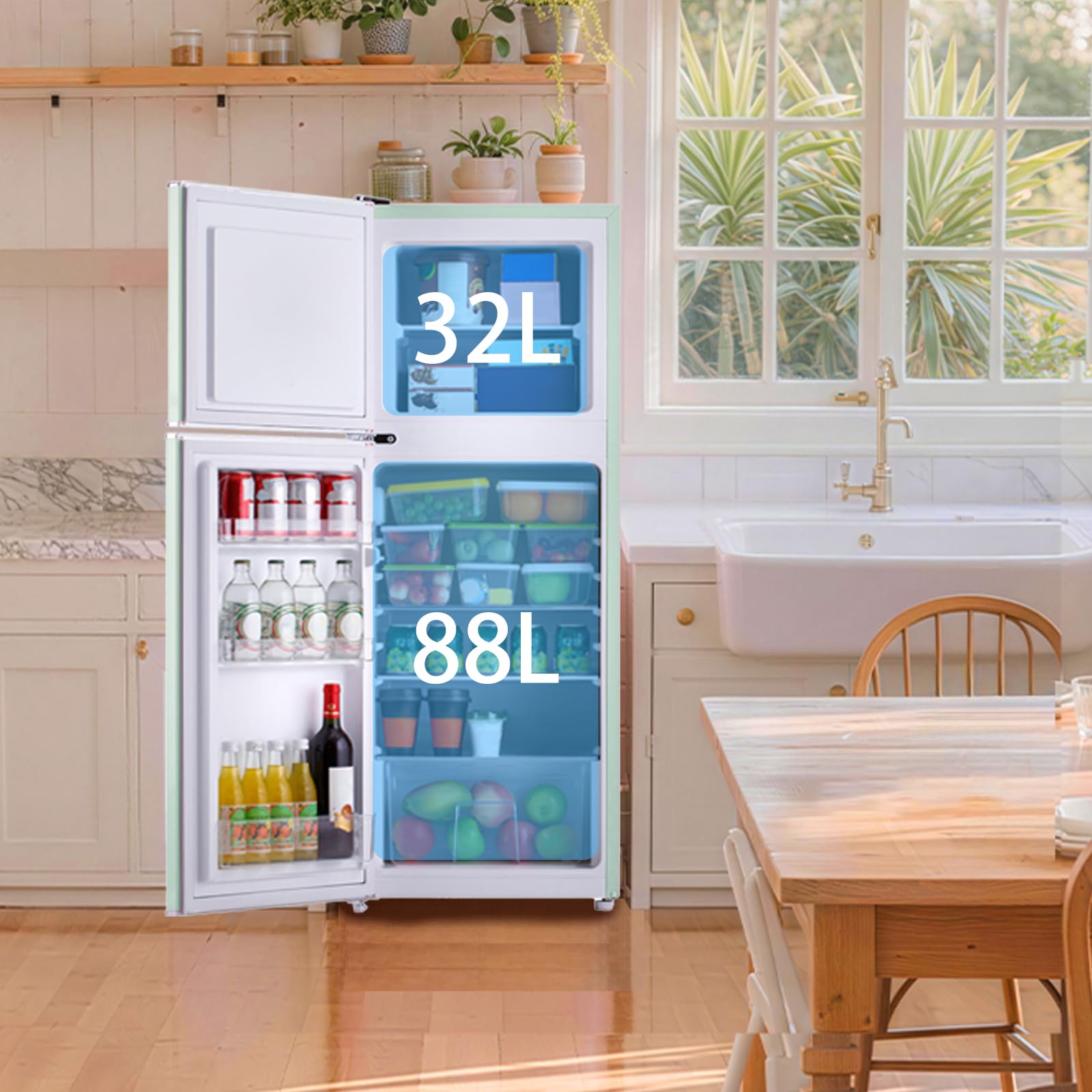 Magictec Retro Kühlschrank mit Gefrierfach 120L Low Frost Kühl Gefrier Kombination Vintage Design LED Beleuchtung Matcha-Grün