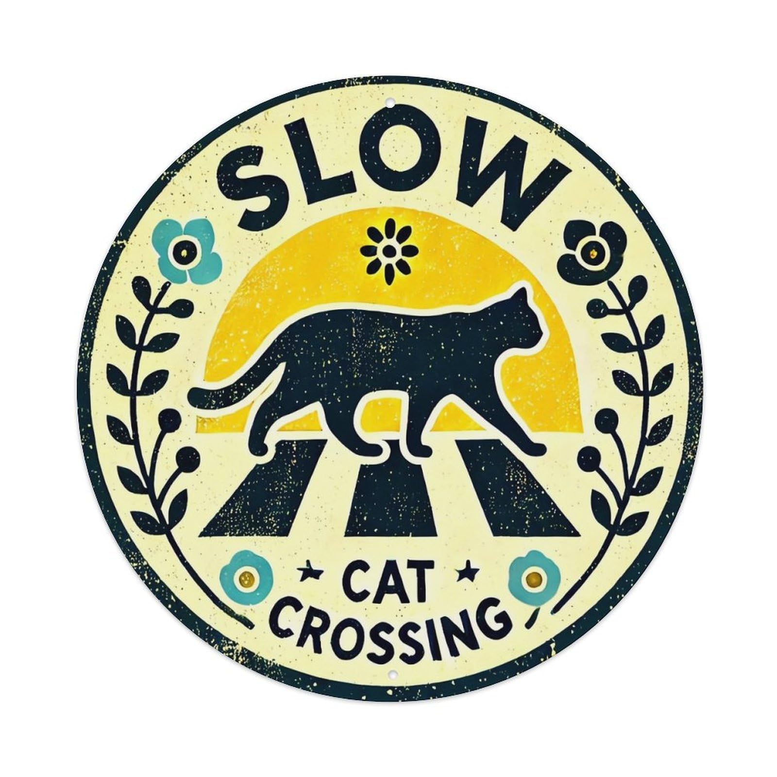 Cat Crossing Sign Pattern Print Round Tin Sign Vintage Metal Sign Home Bar Garden Indoor & Outdoor Wall Decor Retro Metal Poster 8x8 Inch