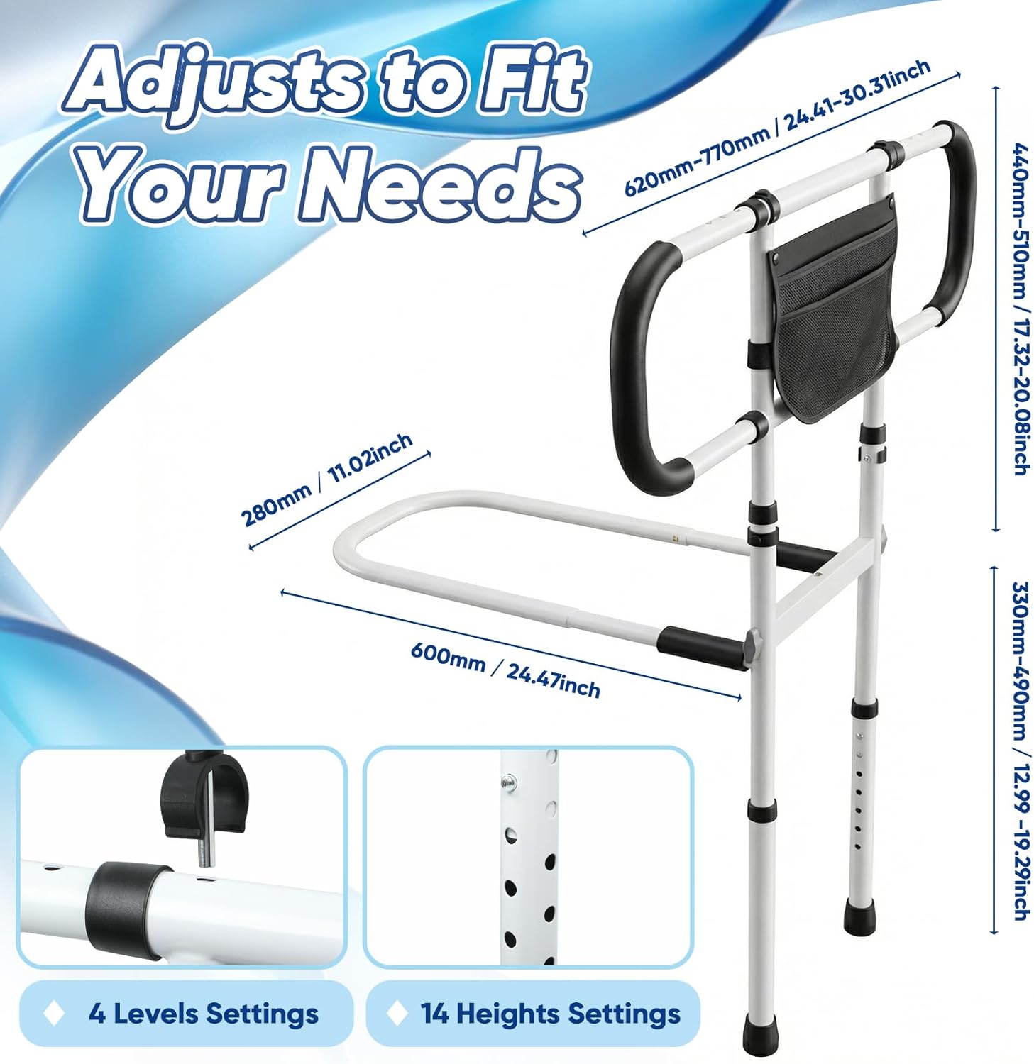 Bed Rail for Elderly Adults – Adjustable Bed Assist Rail with Non-Slip Handle, Safety Bed Rails for Seniors, Storage Pocket & Fixing Strap, Fits Twin/Full/Queen/King
