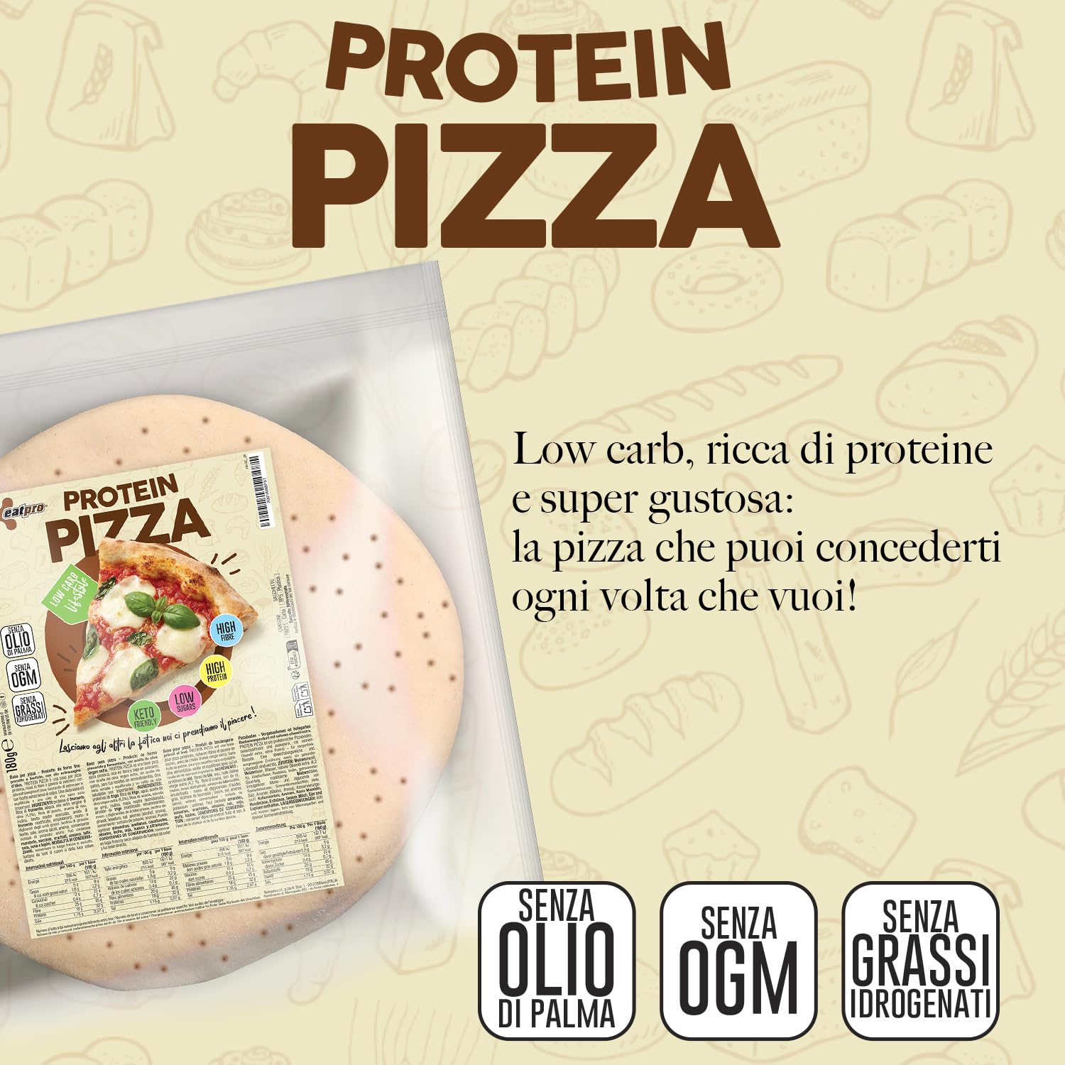 Pizza Proteica Senza Carboidrati EatPro 1 Base Pizza Keto da 180g 12% Carboidrati, 18% Protein Pizza Chetogenica, Low Carb Keto Diet Cibo Proteico, 25% Fibre, Dieta Chetogenica Prodotti