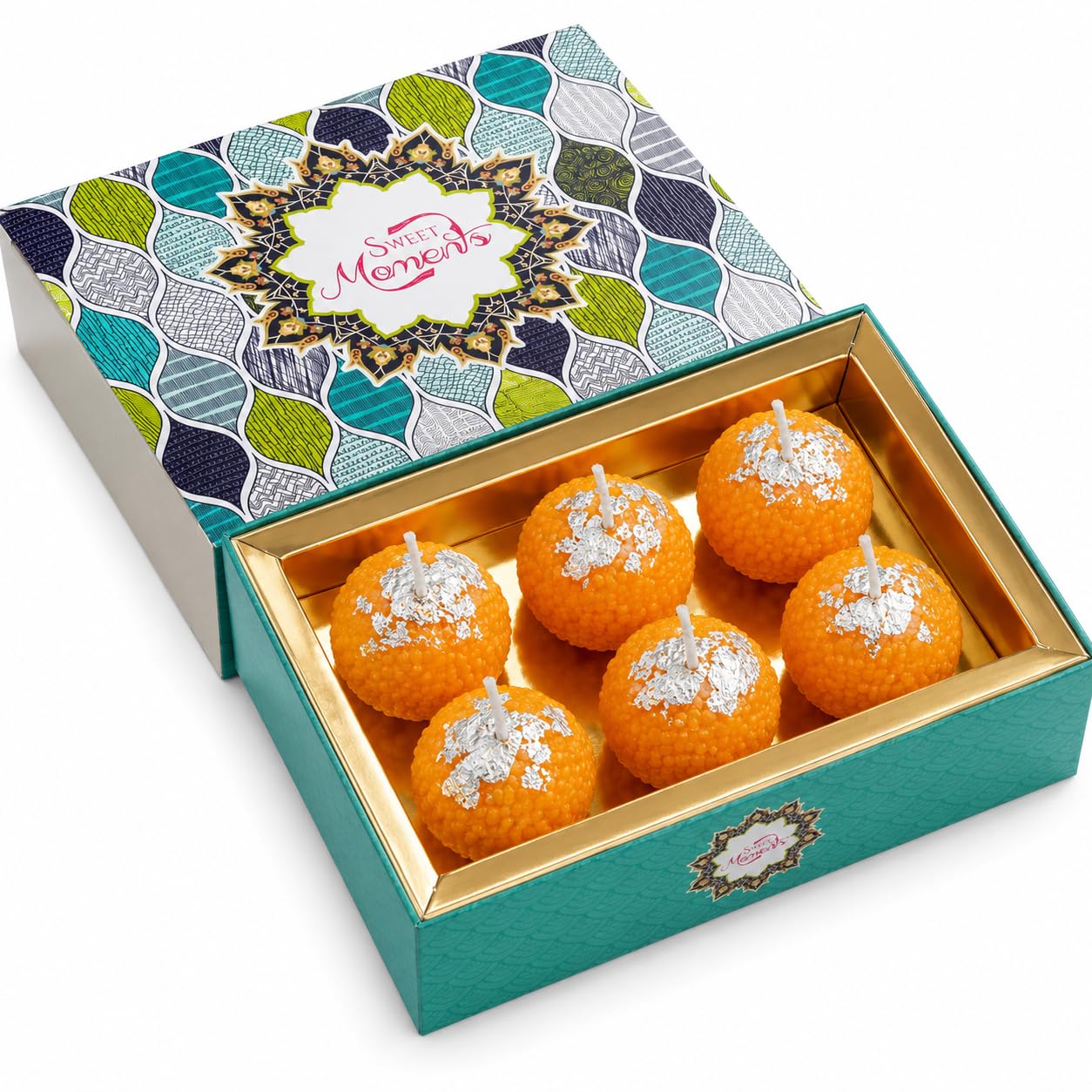 Motichoor Ladoo Scented Candles | Hand Poured 100% Paraffin Wax Decorative Laddu Candles with Silver Foil | Real Ghee Ladoo Aroma| Pack of 4,6,12,20,28 (6)-image-6