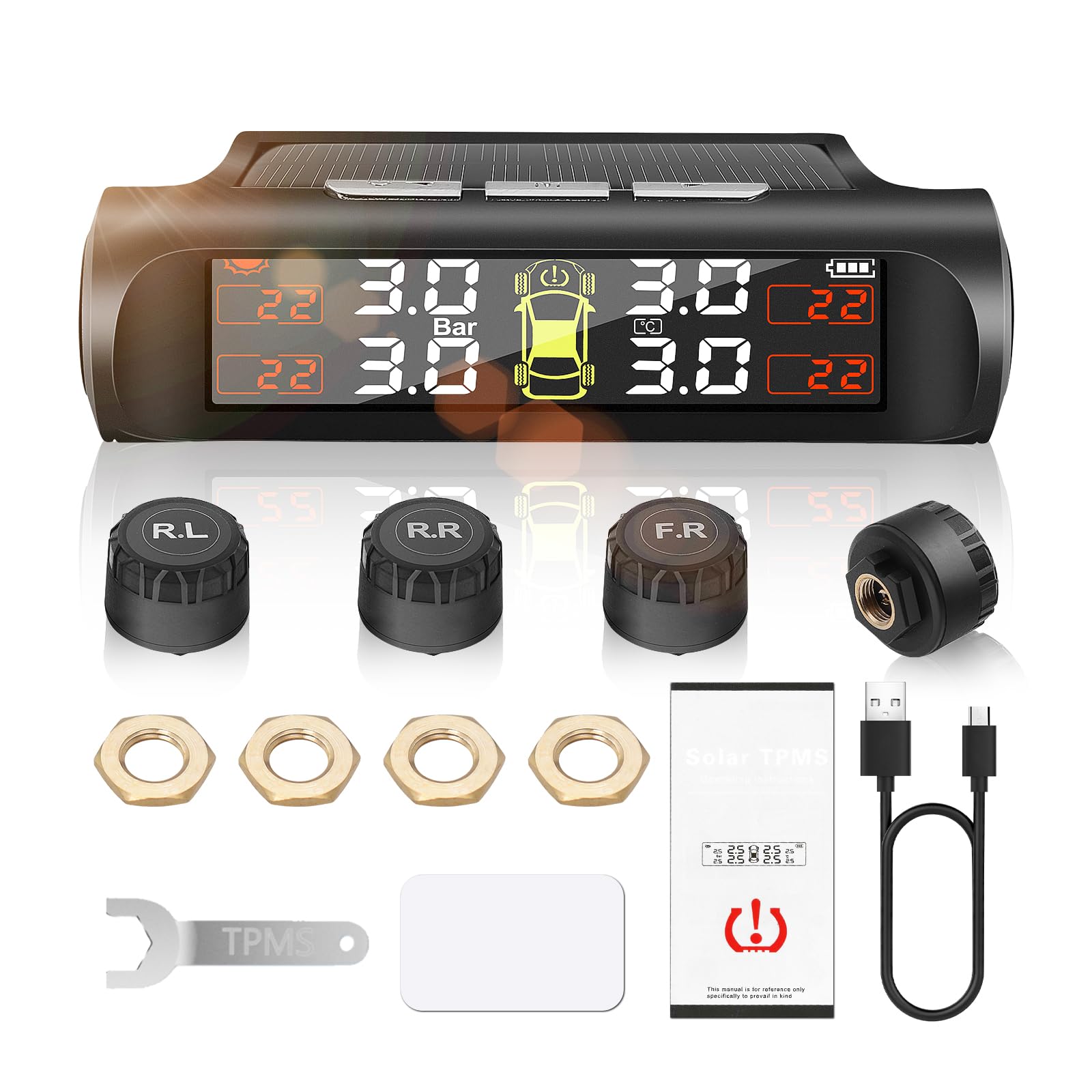 Geloo Solar TPMS Sistema de Monitoreo Control de Presión de Neumáticos con 4 Sensores,5 Modos de Alarma,5 Bar para Caravana Sedán SUV Coche