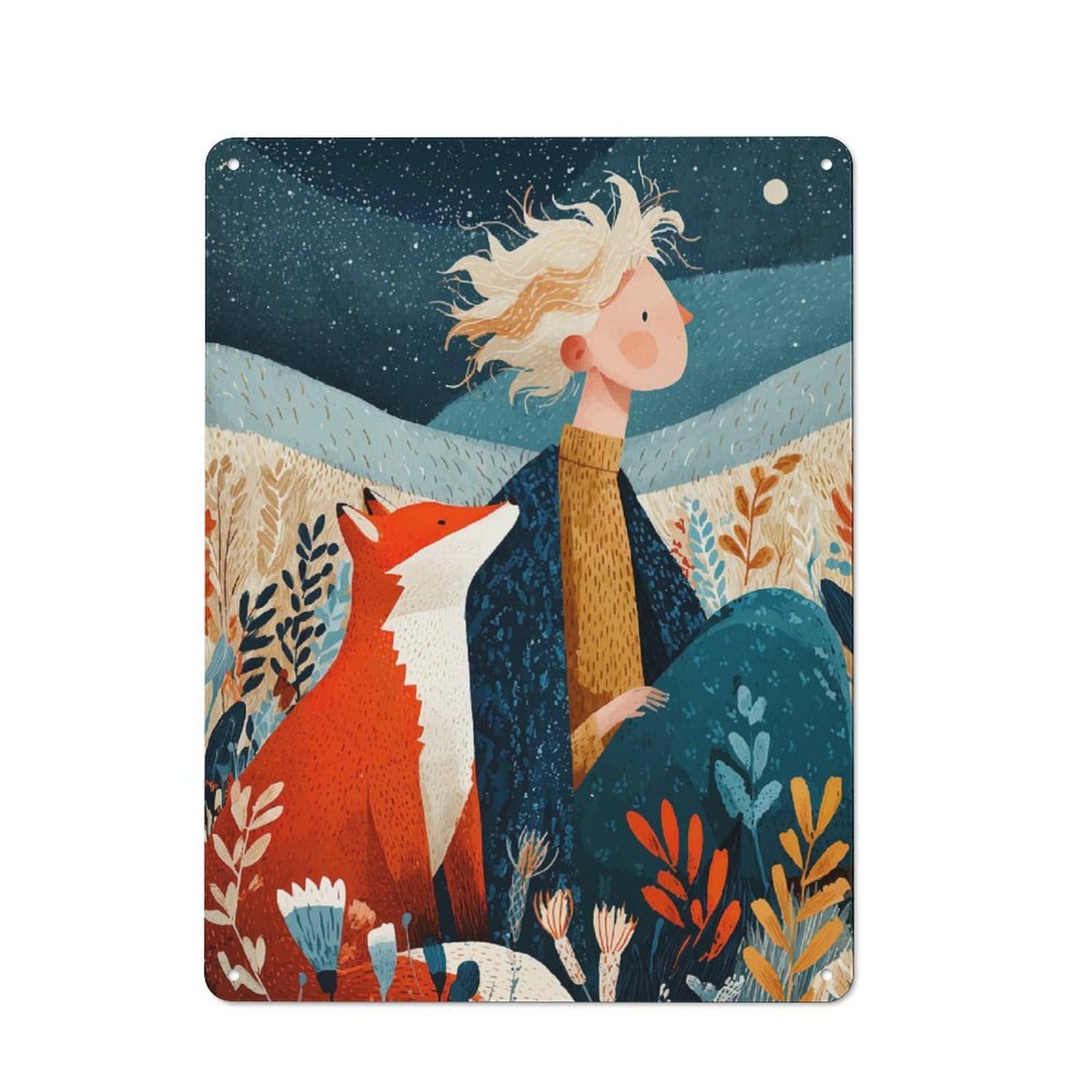 Junmoney Girls Style-22 Vintage Metal Sign 40X30cm Featuring And Fox Under Starry Sky For Pub Or Café, Wall Decor For People Reorganising Pub And Café