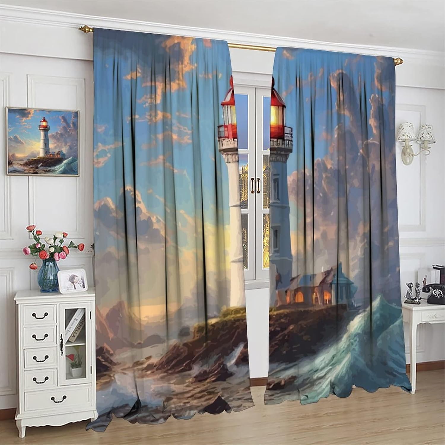 Lighthouse Curtain Oil Painting Sea Wave Lighthouse Blackout Print Rod Pocket Window Drapes for Bedroom Living Room 42x45in