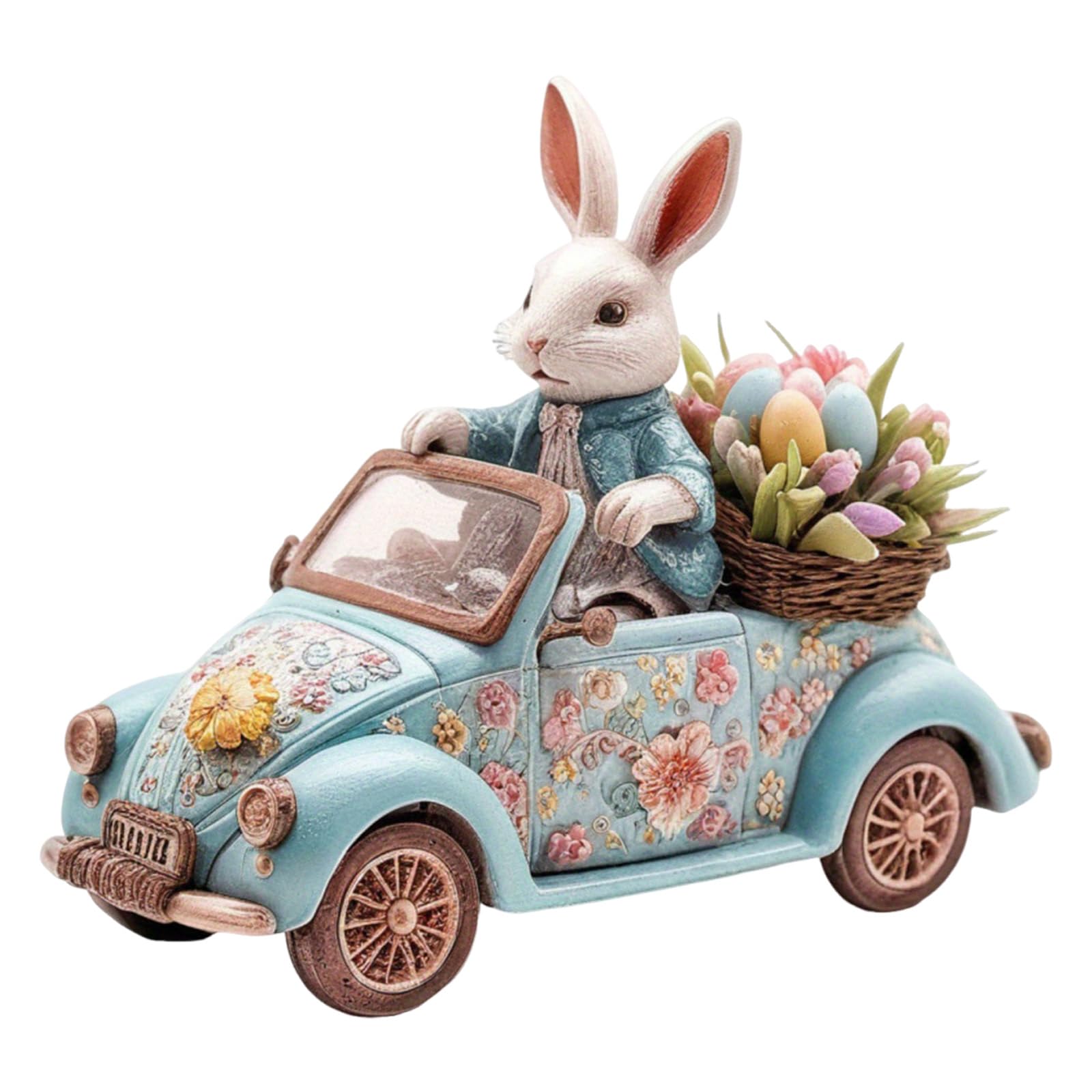 2D Easter Bunny Driving Car Figurine, Acrylic Tabletop Decoration with Floral Design, Blue Vintage Car with White Rabbit and Egg Basket, Spring Holiday Home Decor 021 (#C687) — view 9