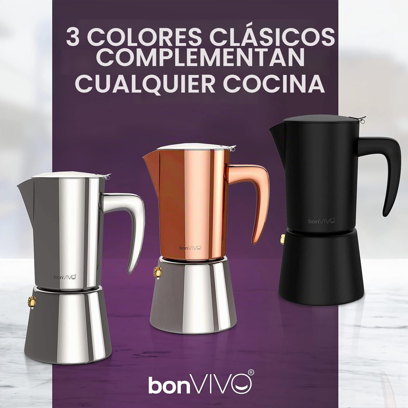 bonVIVO Cafetera Italiana – Cafetera Moka de Acero Inoxidable para Café Espresso – 6 Tazas – Compatible con Inducción, Vitrocerámica, Gas y Eléctrica – Color Cobre Elegante