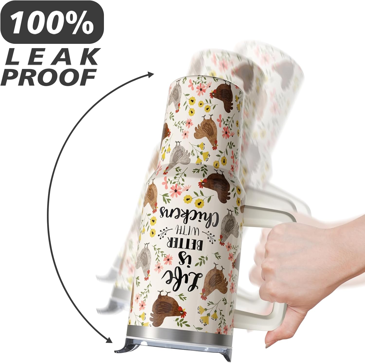 40 oz Chicken Tumbler with Handle and Straw, Floral Rooster Stainless Steel Vacuum Insulated Travel Coffee Mug Cup Water Bottle, Chicken Stuff Accessories Decor, Rooster Gifts for Women Girls