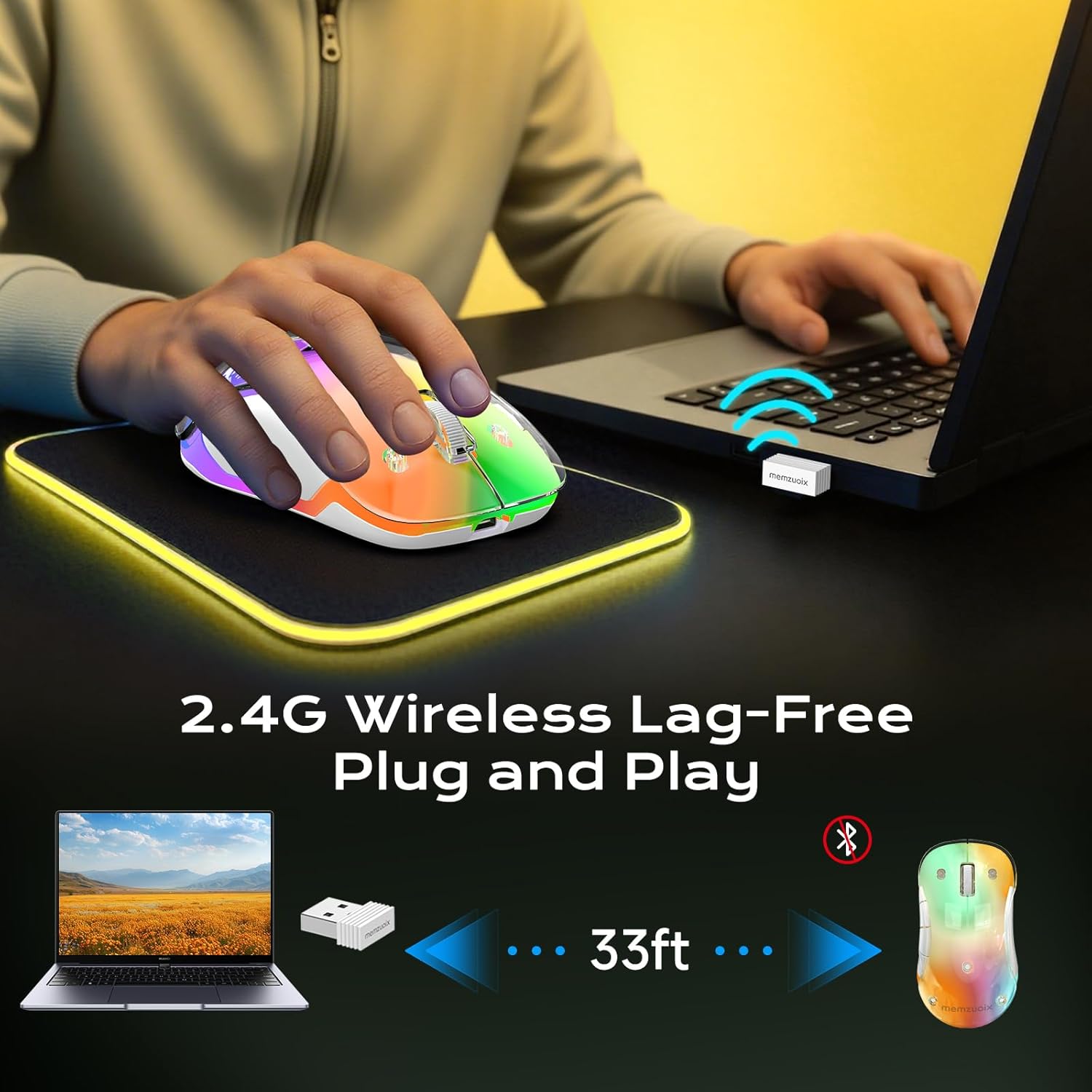 memzuoix 2.4G LED Wireless Mouse, Rechargeable Ergonomic Mouse with Detachable Cover, 1400 DPI Portable Optical Computer Mouse with USB Receiver for Laptop, PC, Desktop and MacBook, 5 Buttons-Yellow