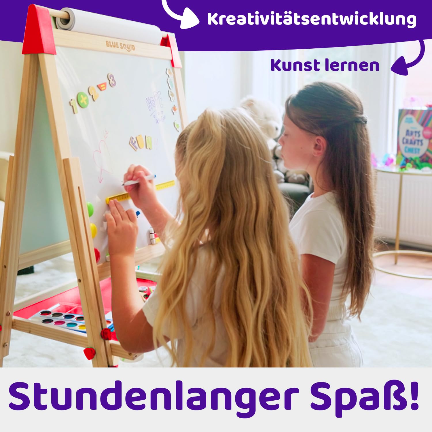 Kunst Staffelei für Kinder mit Zubehör- Doppelseitige hölzerne Tafel für Kinder mit magnetischer Kreidetafel, abwischbarem Whiteboard & Papierrolle, Kindertafel mit Kreide und Magnet 2-4 4-8 9-12