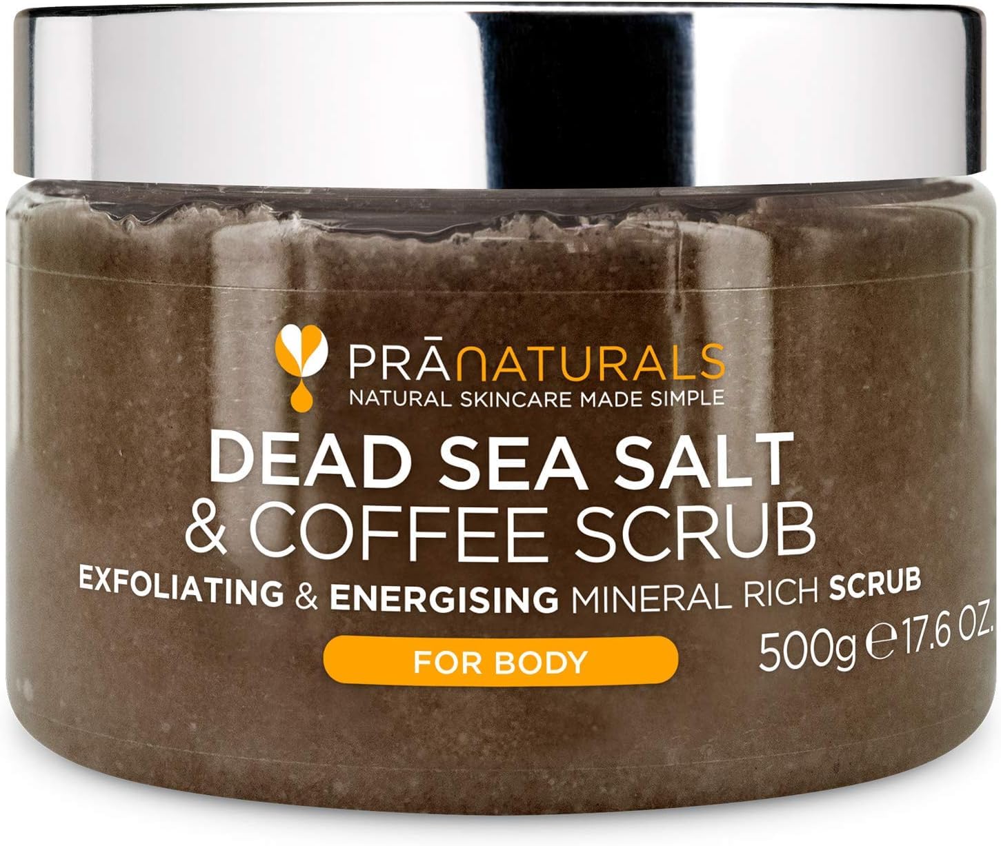 PraNaturals Körperpeeling mit Salz aus dem Toten Meer 500g - Feuchtigkeitsspendend & pflegend, Natürlichen Ölen & Mineralstoffen, keine Parabene, vegan, frei von Tierversuchen (Kaffee)