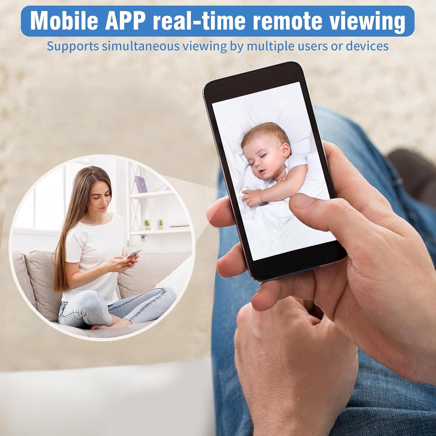 Person viewing live camera feed of a baby on a smartphone