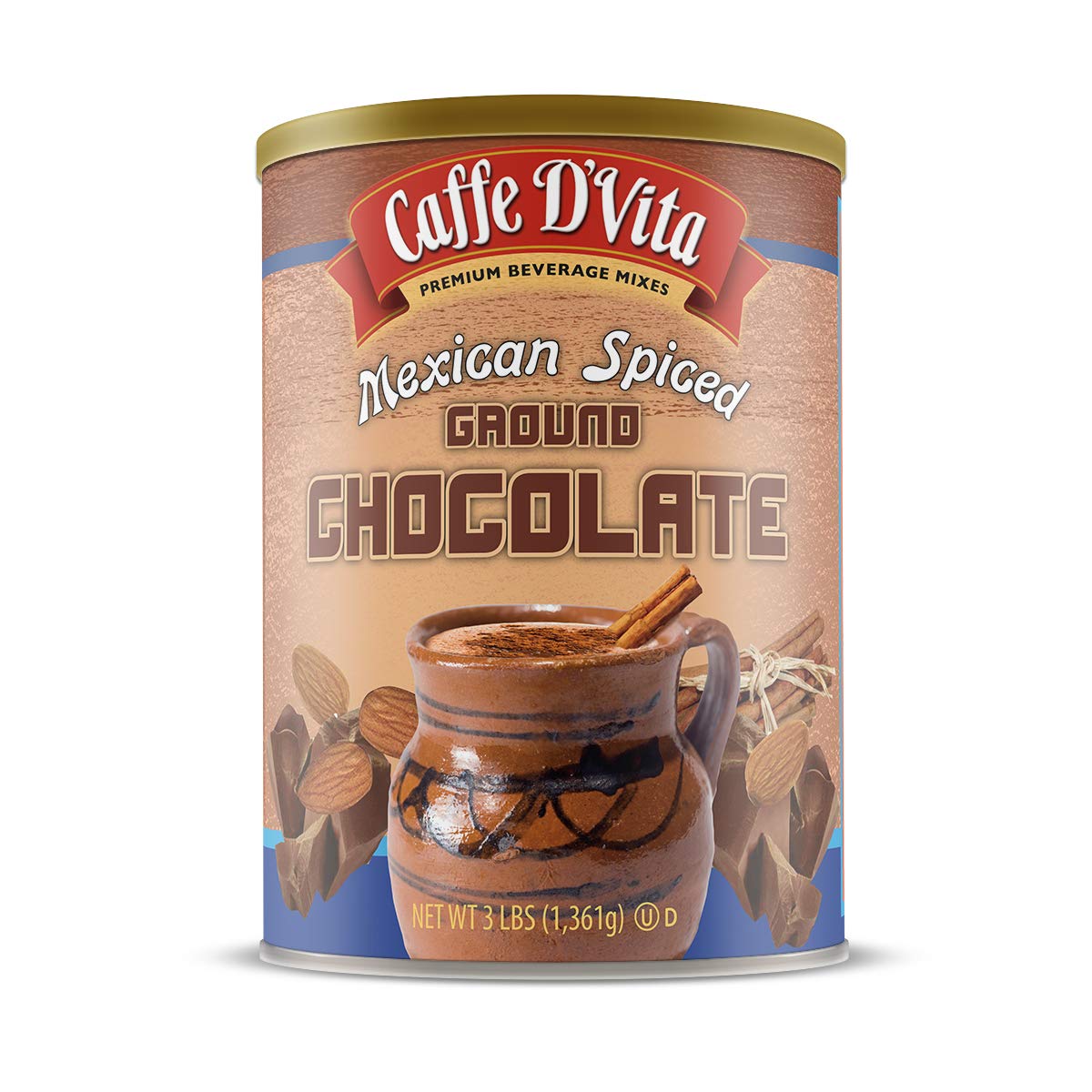 Caffe D'Vita Mexican Spiced Ground Chocolate - Mexican Chocolate Drink, Spiced Coffee, Gluten Free, Low Fat, No Cholesterol, No Hydrogenated Oils, No Trans Fat, Kosher-Dairy, Mexican Coffee - 3 Lb Can