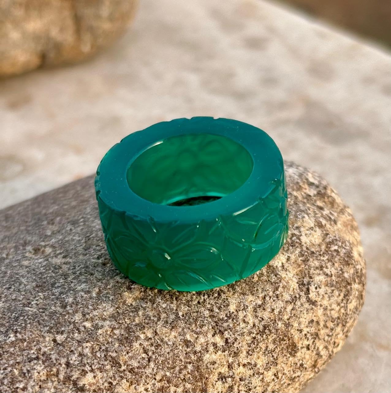 Decorative Green Jade Band Ring with Carved Pattern, Wide Band