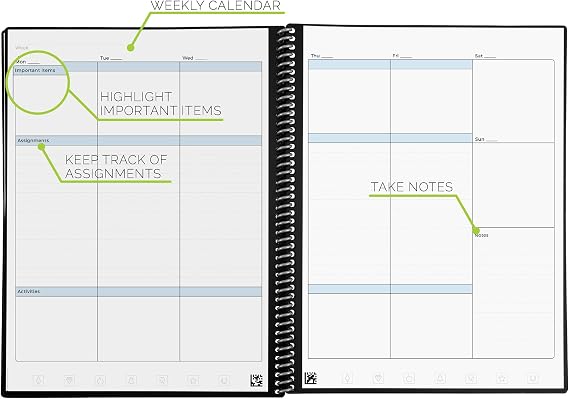 ROCKETBOOK Reusable Smart A4 Academic Planner - Digital Notebook for Students and Teachers - Daily, Weekly, Monthly School University Diary, 13 Page Types, Reduce Paper Waste - Black