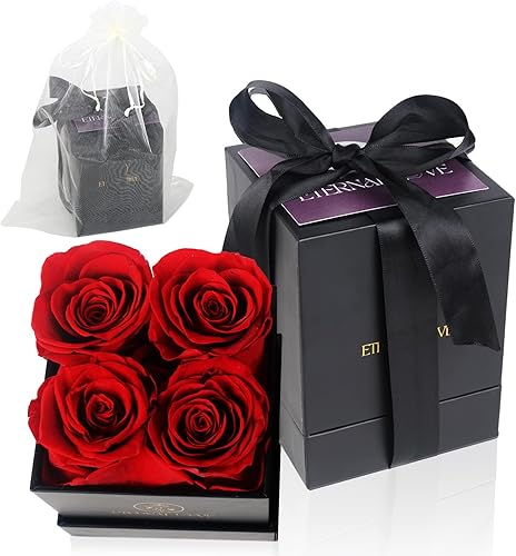 Miniatura 8 de Eternal Love Rosas preservadas en una caja, 4 rosas rojas perfumadas en caja cuadrada negra, rosas reales de larga duración, regalo único para