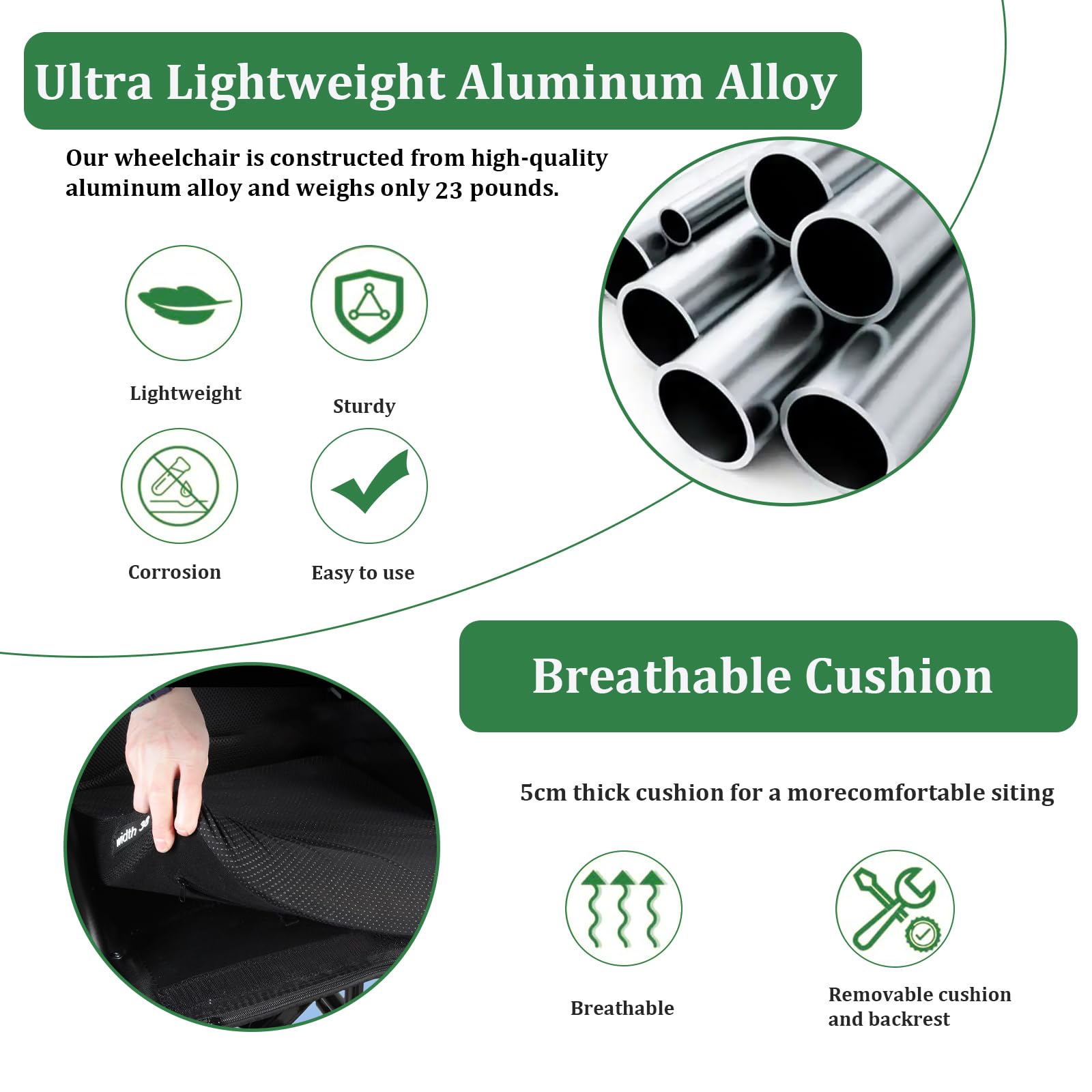 Ultralekki wózek inwalidzki, lekki wózek podróżny, samobieżny, aluminiowy, transportowy wózek inwalidzki do mieszkania i w podróży (40 cm, zielony)