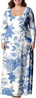 Floral Maxi Dresses for Women - Long Sleeve Square Neck Casual Maxi Dress with Pockets | Loose Fit Fashion Clothes