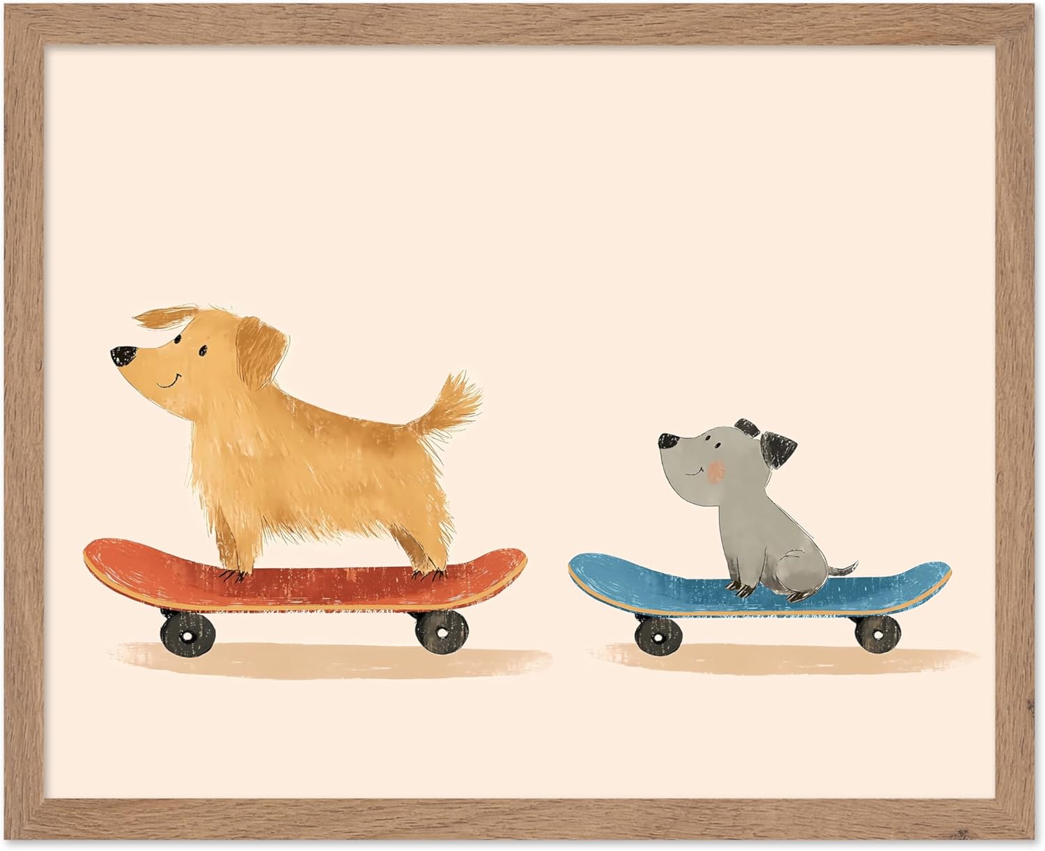 Poster Master Nursery Poster - Skateboarding Dogs Print - Fun Dog Wall Art - Playful Animal Art - Whimsical Nursery Wall Art - Boho Kid's Room or Playroom Decor - 11x14 Beige Framed