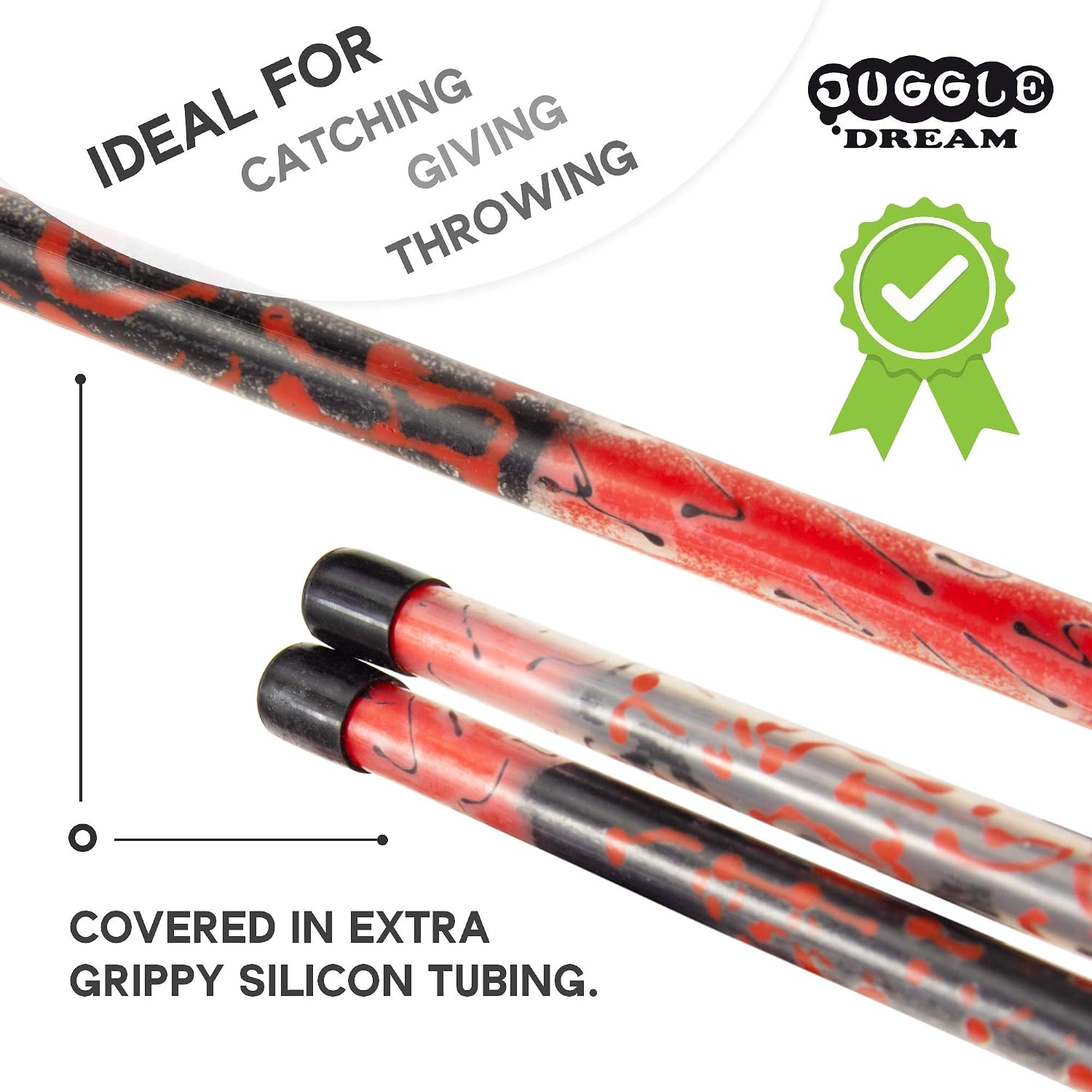 Juggle Dream Picasso Flowerstick. Hand Painted Unique with Matching Handsticks. Covered with Ultra Grip Silicone. Virtually Unbreakable Fibreglass. Bright PSuede Tassels. Juggling Set (Black/Red) - Image 4