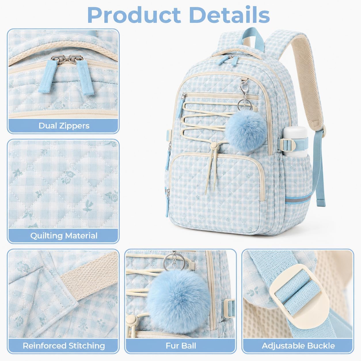 WOBAGMEN Backpack for Women,Cute Quilted Backpack with Multi-Pocket, Lightweight Anti Theft Bookbag Fits 15.6" Laptop (Blue Floral Gingham, M) image 3