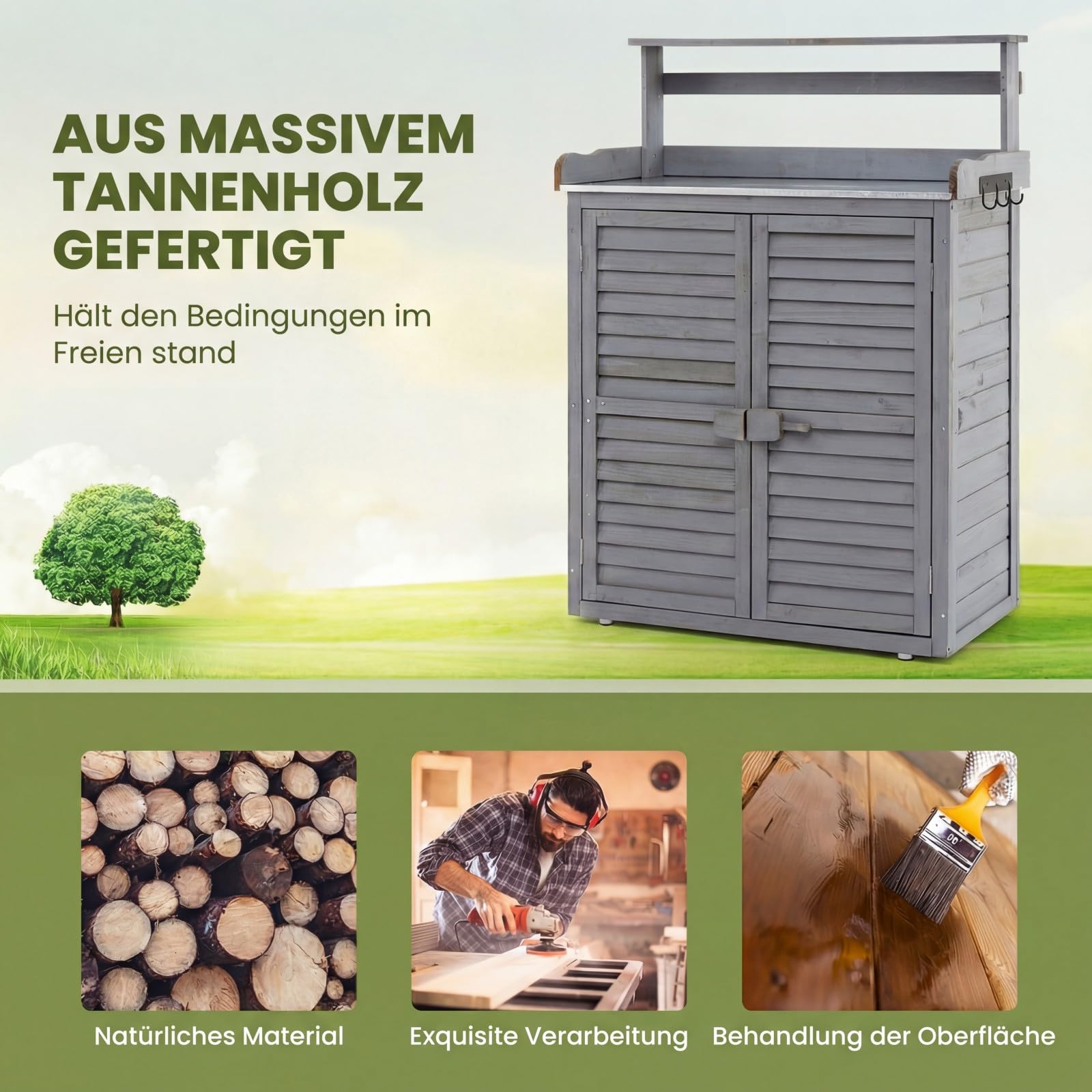 COSTWAY Pflanztisch Outdoor wetterfest, Gärtnertisch Holz, Blumentisch mit Unterschrank & verzinkter Arbeitsplatte & abnehmbaren Regalen, Gärtnertisch für Garten Terrasse Hof, 87x45x120cm, Grau