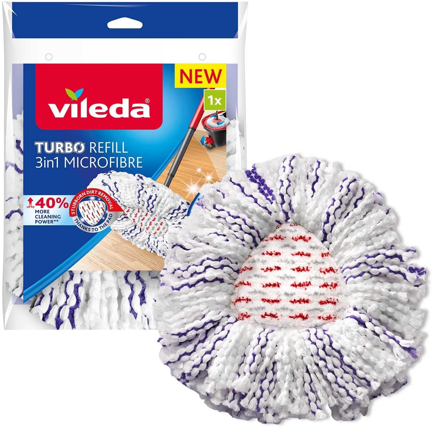 Vileda TURBO Pack Special avec 1 recharge supplémentaire - Balai serpillère en microfibres + son seau essoreur à pédale, 3 Unité & Recharge Turbo 3en1 avec pad central