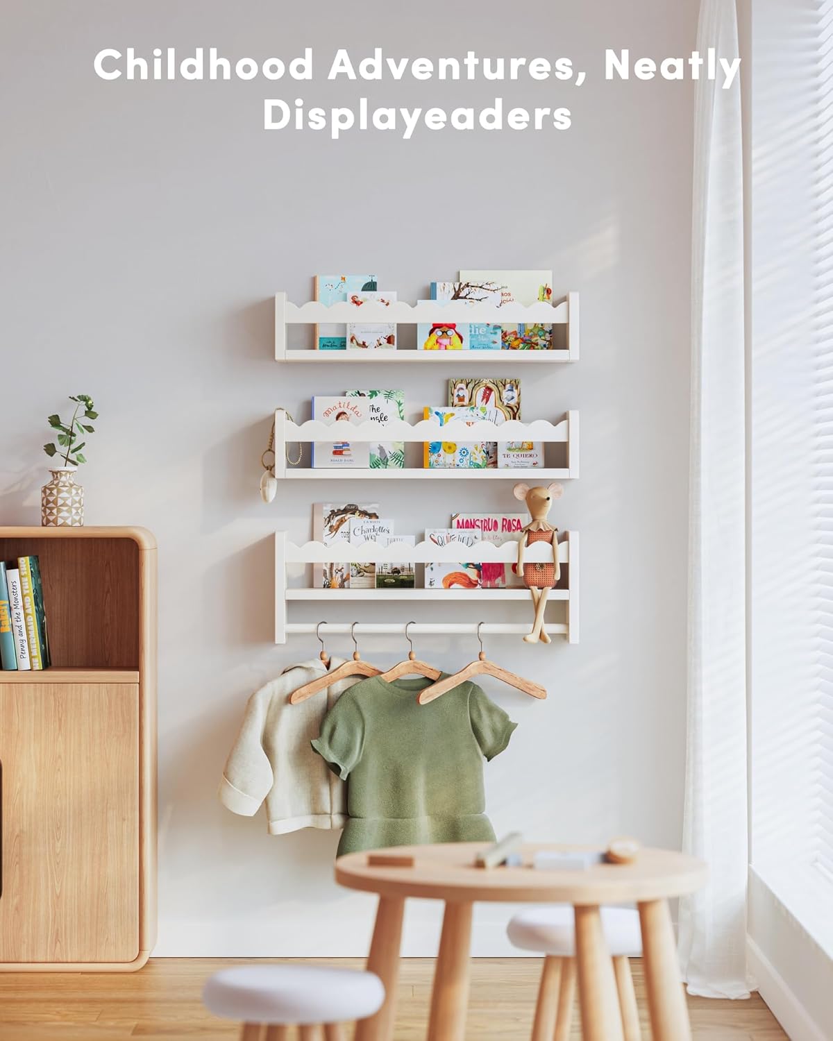 Seocry Nursery Book Shelves, Scalloped Shelves, Floating Book Shelves for Wall, Nursery Deocr for Baby, Toddler (White, 16.5 Inches)