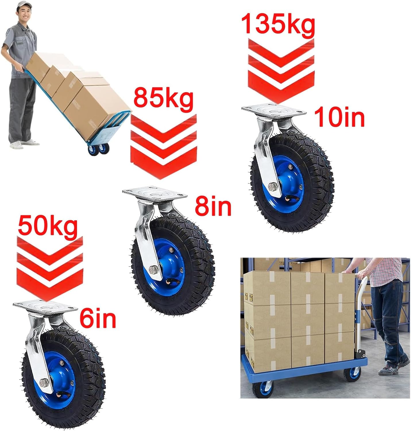 Replacement Foot Wheel for Hand Trucks and Wheelbarrows, Swivel Caster, Fixed Caster, 2pcs, with Brakes Heavy Duty Caster, 6 Inch 8 Inch 10 Inch, Rubber Caster