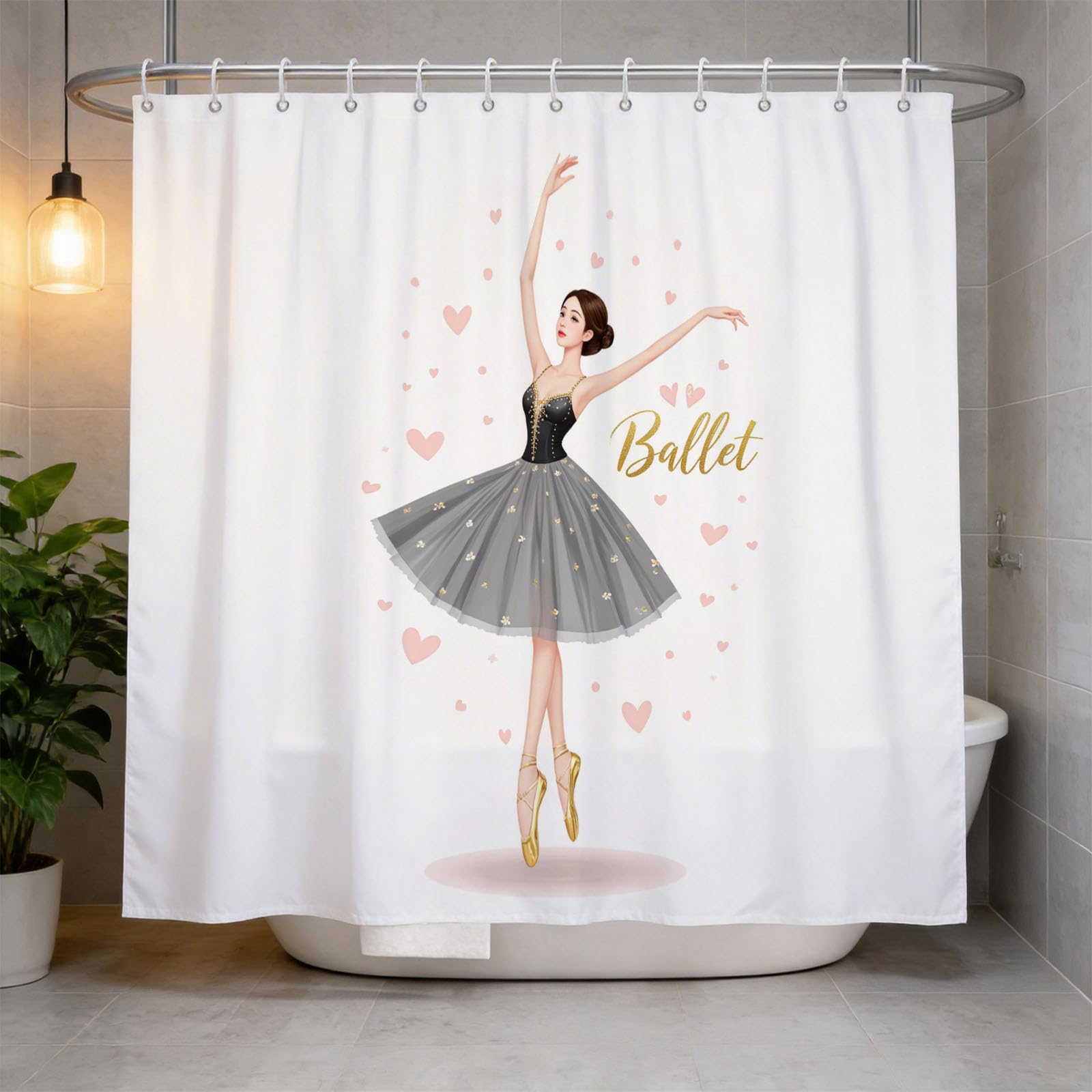 Hongduo 3D Ballet Shower Curtain for Stalls Bathtubs Cute Bathroom Decor Shower Curtain Set Polyester Fabric Waterproof 180x180cm/71X71 Inch with Hooks