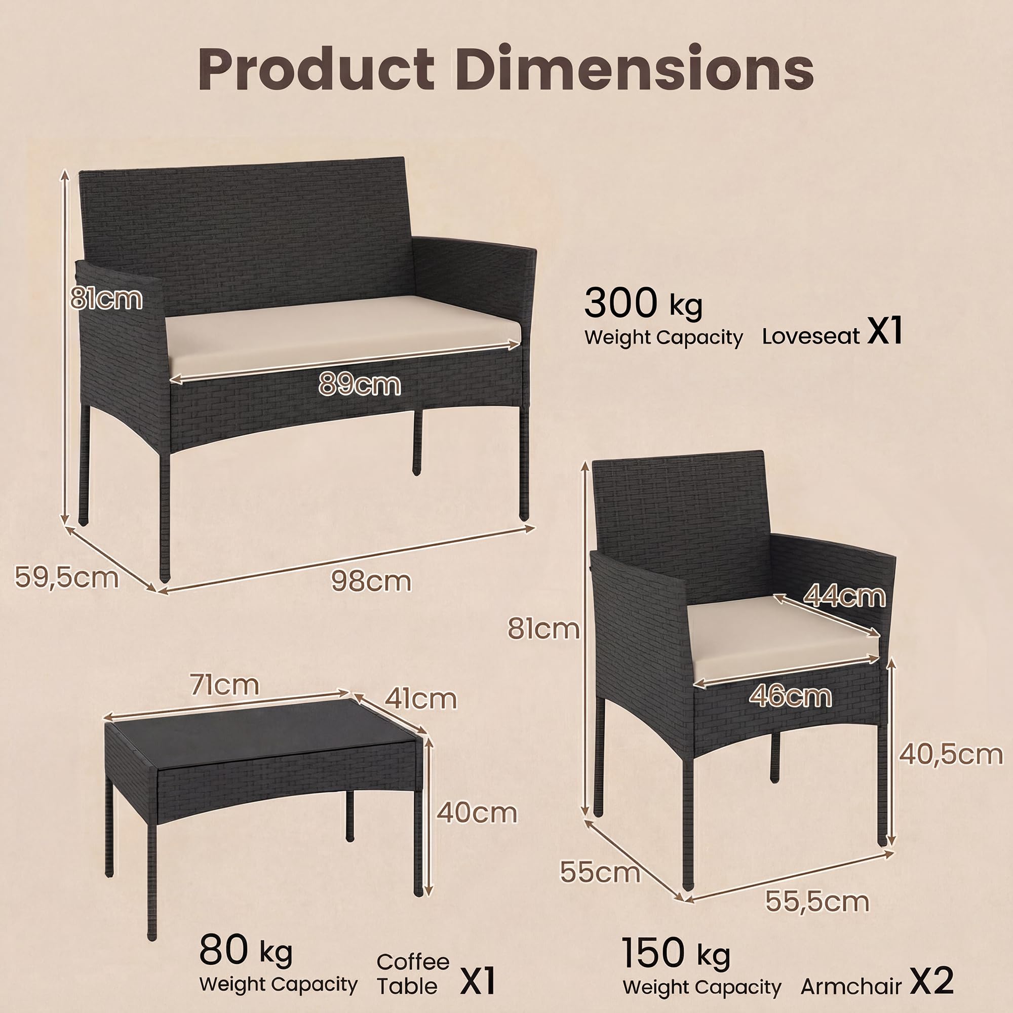 GIANTEX Juego de Muebles de Jardín de 4 Piezas, Conjunto de Conversación de Ratán PE Exterior con 2 Sillones, Sofá de 2 Plazas, Mesa de Vidrio Templado y Cojines, para Terraza Patio Piscina (Beige)