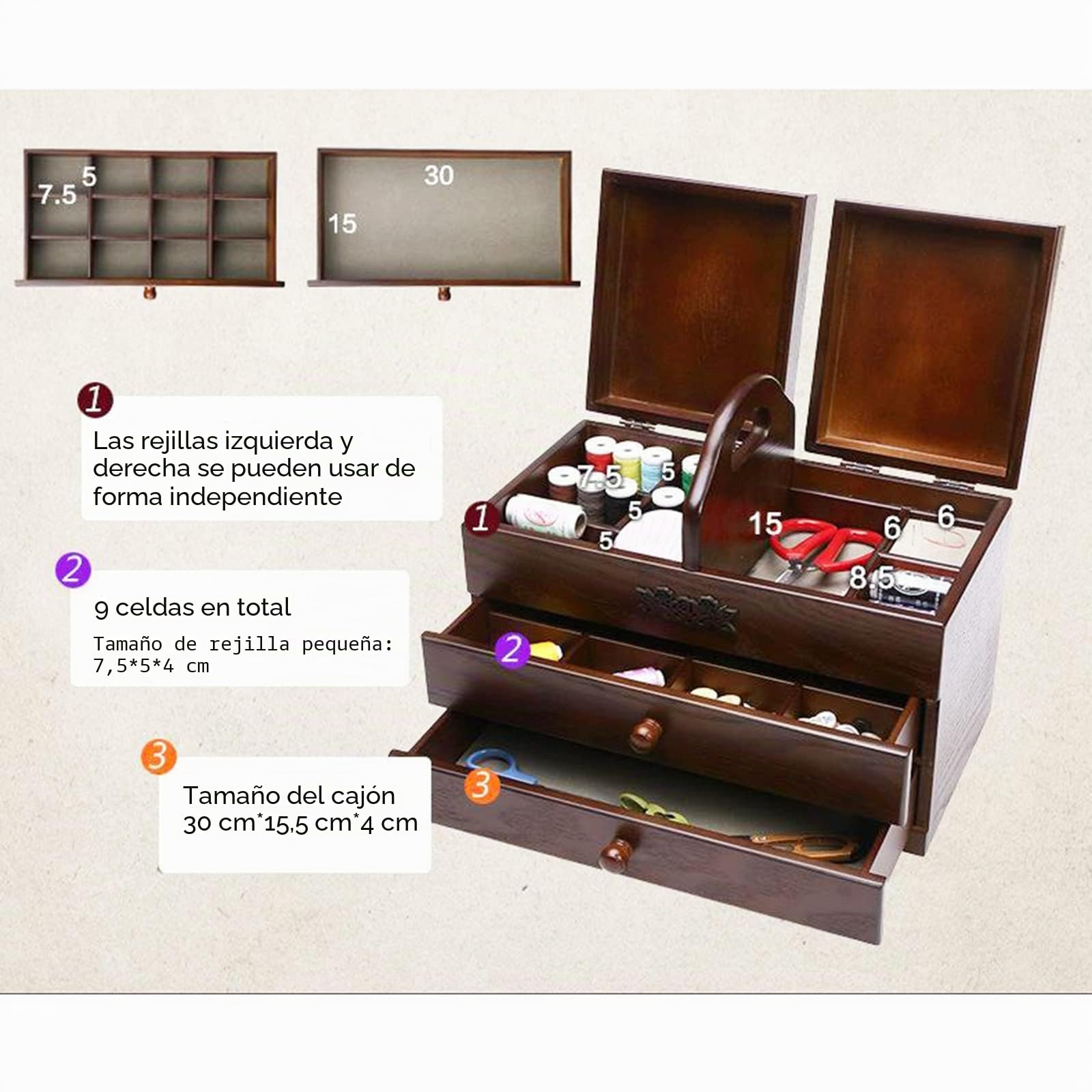 Caja de costura grande de madera con 2 cajones para el hogar y bordado, organizador y compartimento para herramientas para un fácil transporte, caja vacía