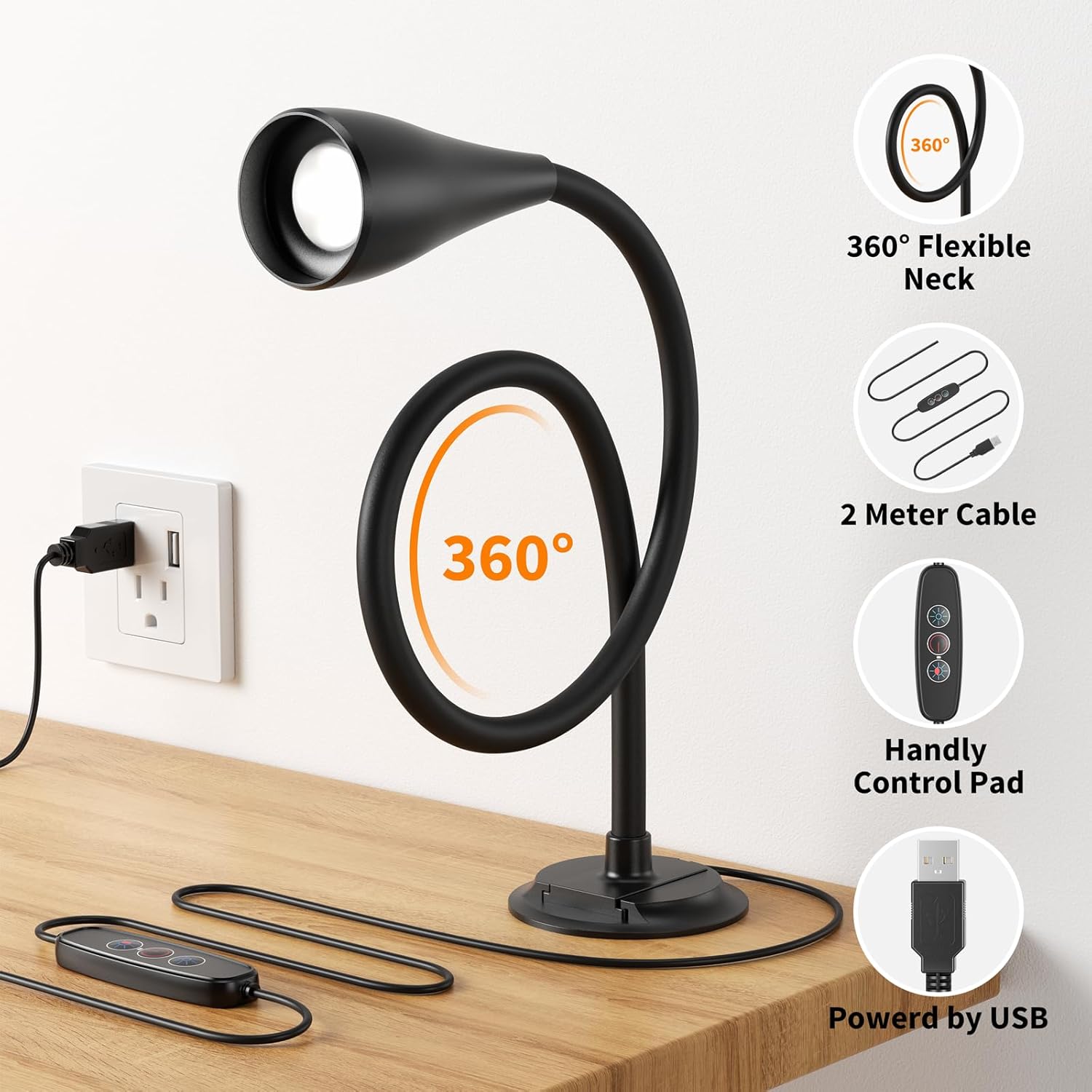 Book Light for Reading at Night in Bed, Wall Mount Reading Light for Bedside,Headboard, Eye Care LED, 5 Color & Brightness Dimmable, Flexible Gosseneck, 2 Pack