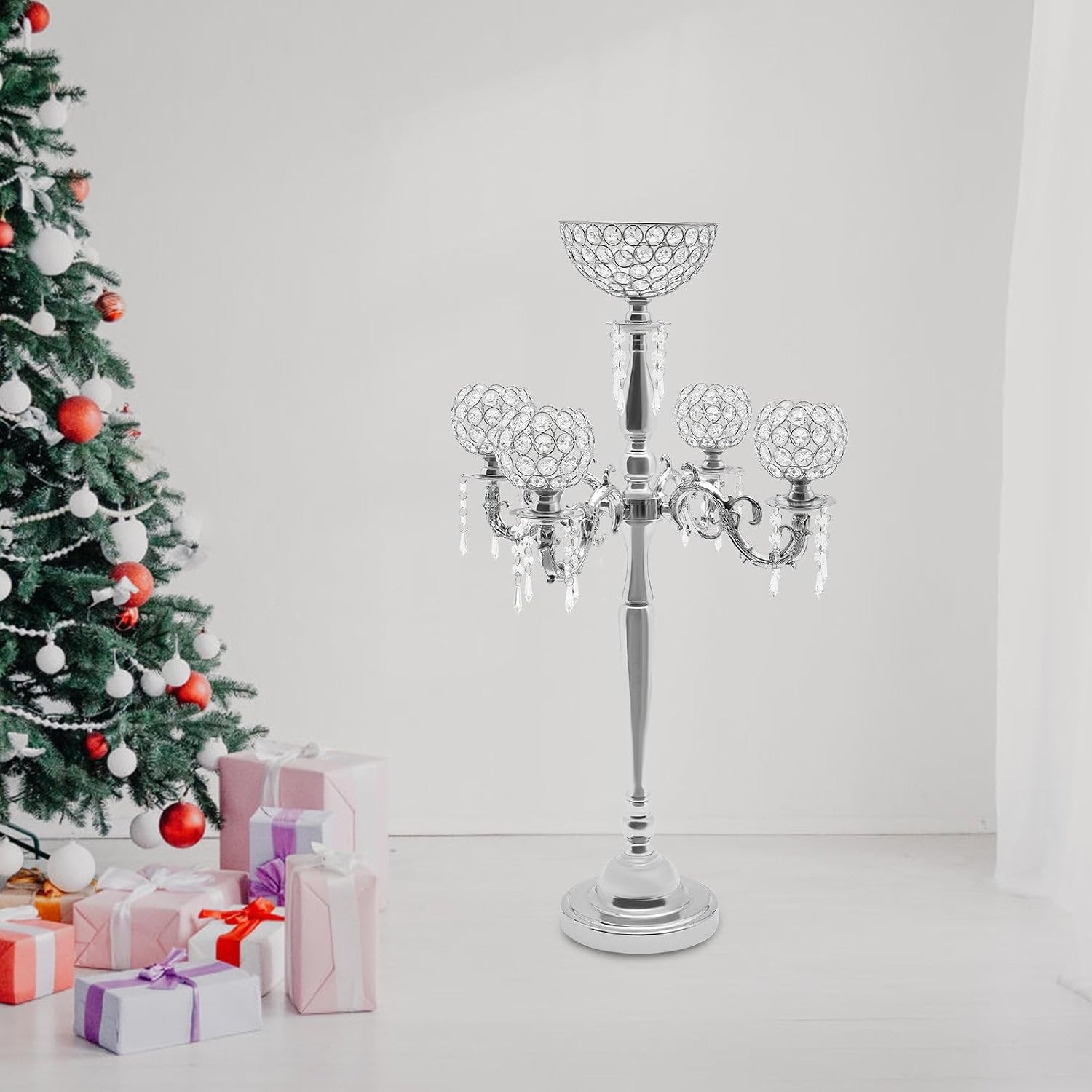 5 Arms Sliver Floor Candelabra Centerpiece 35'' Tall Crystal Candle Holder
