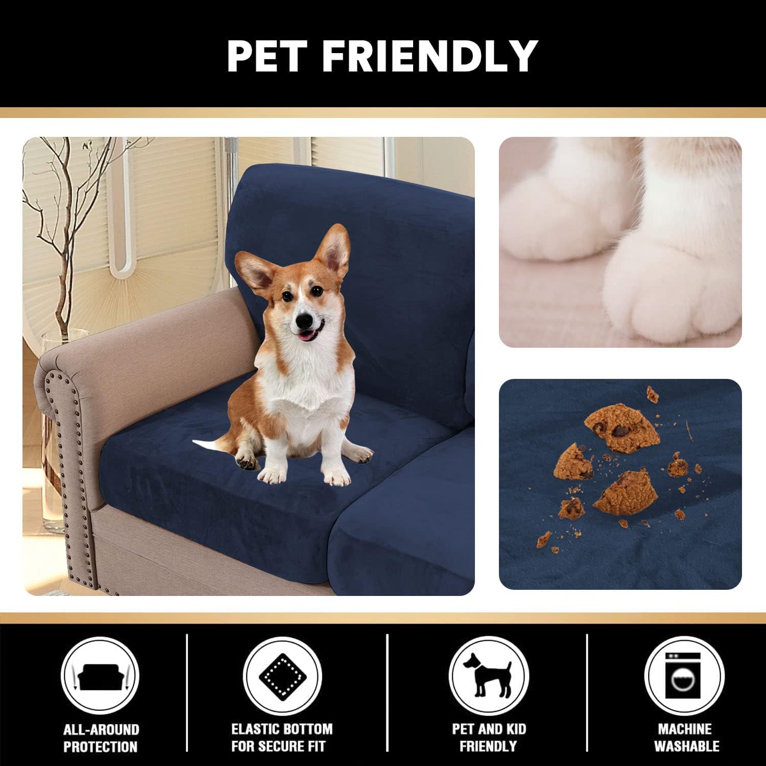 PrinceDeco 4 Piece Luxury Thick Velvet Sofa Covers（2 Base Cover Plus 2 Seat Cushion Covers） Couch Covers for 2 Cushion Couch Sofa Couch Cover for Dogs, Machine Washable(Loveseat, Navy)