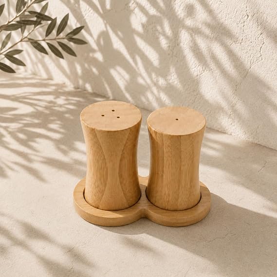 Bambu 2’li Standlı Tuzluk Seti, Doğal Bambu Tuz ve Karabiberlik Takımı, Ahşap Standlı Baharatlık Seti, Mutfak ve Sofra İçin Şık Tuzluk Karabiberlik