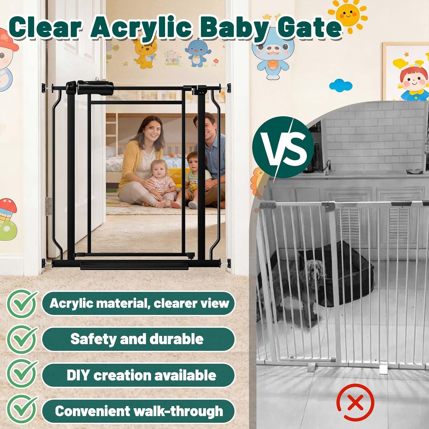  57.6"-66.8" Extra Wide Triple Lock Clear  Gate for Doorways | Auto Close Acrylic Dog Gate for Stairs, Safety Child Gate Pressure Mounted No Drill, Clear Pet Gate One-Hand Opening, Black thumbnail