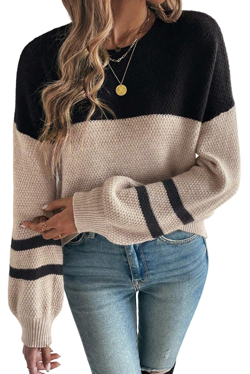 MARZXIN Womens Winter Pullovers Parchment Color Block Knit Striped Sleeve Detail Casual Sweater