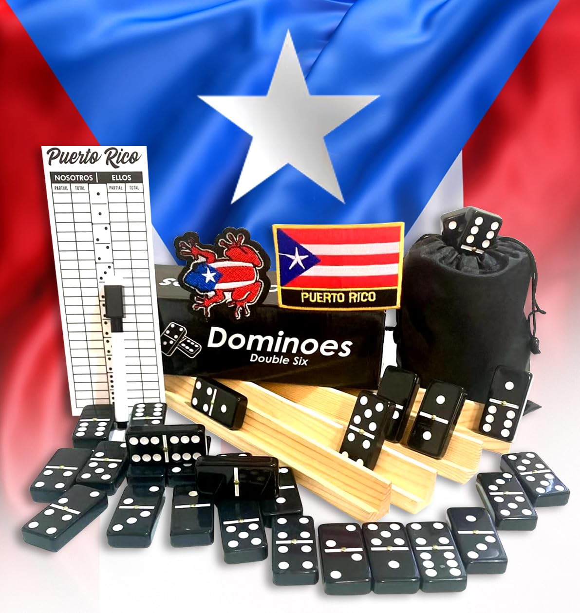 Puerto Rico Dominoes Adult Size Solid Black Puerto Rican Double six Domino Set - Full with Score Pad and Wooden Racks - Perfect for Dominos Adult Size