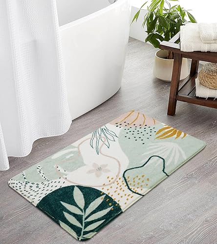 Miniatura 6 de Uphome Tapete de baño bohemio moderno, abstracto, antideslizante, suave, lavable a máquina, verde, estético, con plantas tropicales, para el lavabo